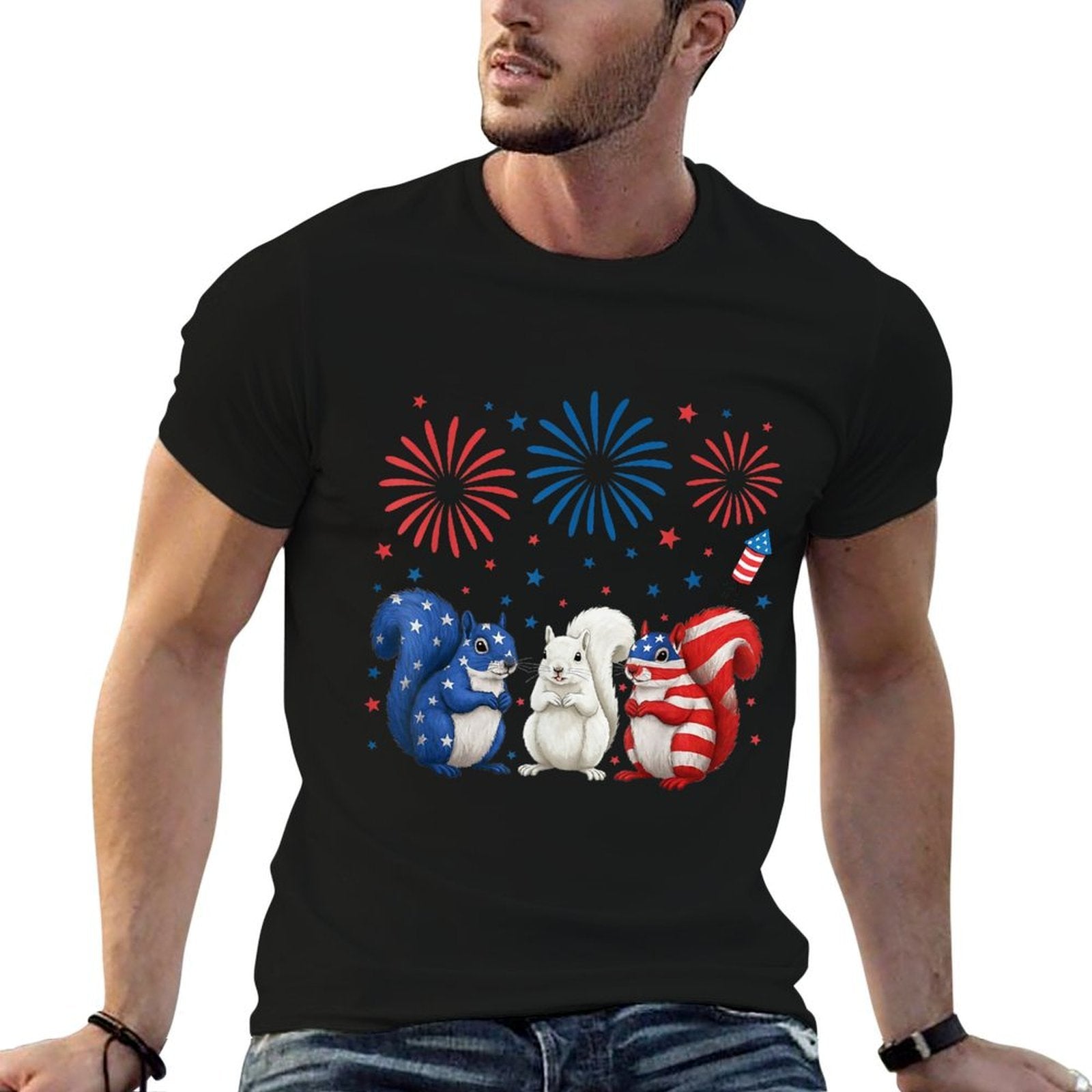 Squirrel USA Patriotic 4th of July Gifts Men Women Kids  Cotton T-Shirt