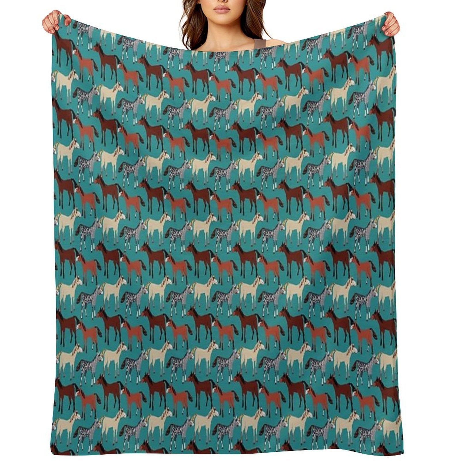 Horse Pattern in Aquamarine Blue Multi-functional Throw Blanket