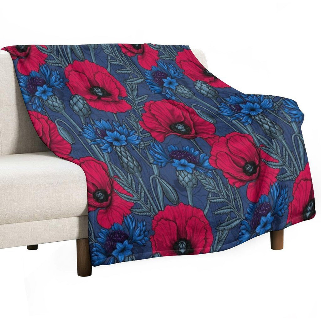 Red Poppies And Blue Cornflowers on Blue Shrink-resistant Throw Blanket