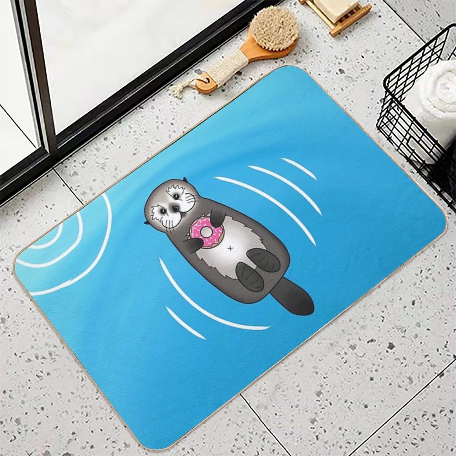 Sea Otter with Donut - Cute Otter Holding Doughnut  Easy Maintenance Bath Mat