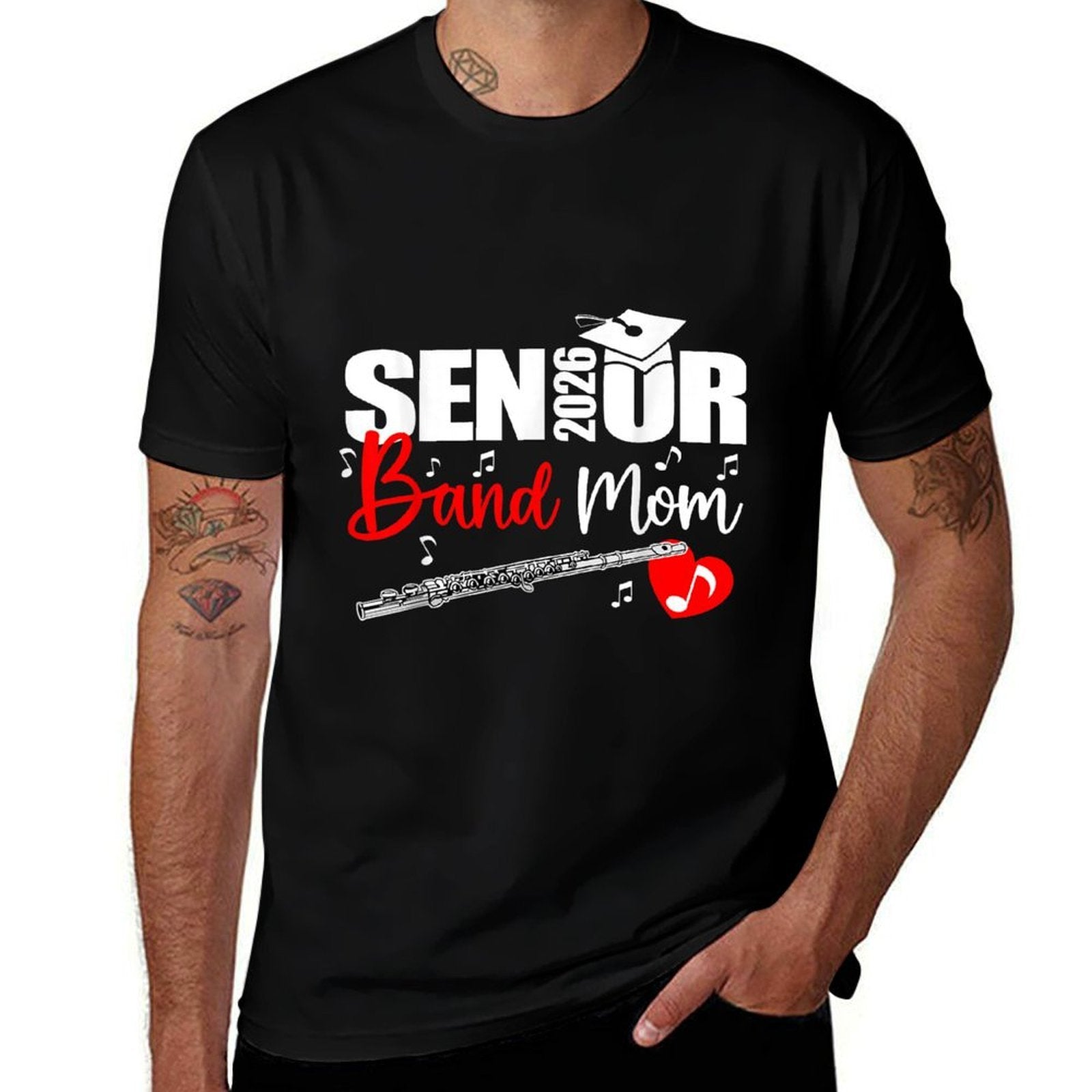 Senior Band Mom 2026 Marching Band Class of 2026 Flute  Ribbed Collar T-Shirt