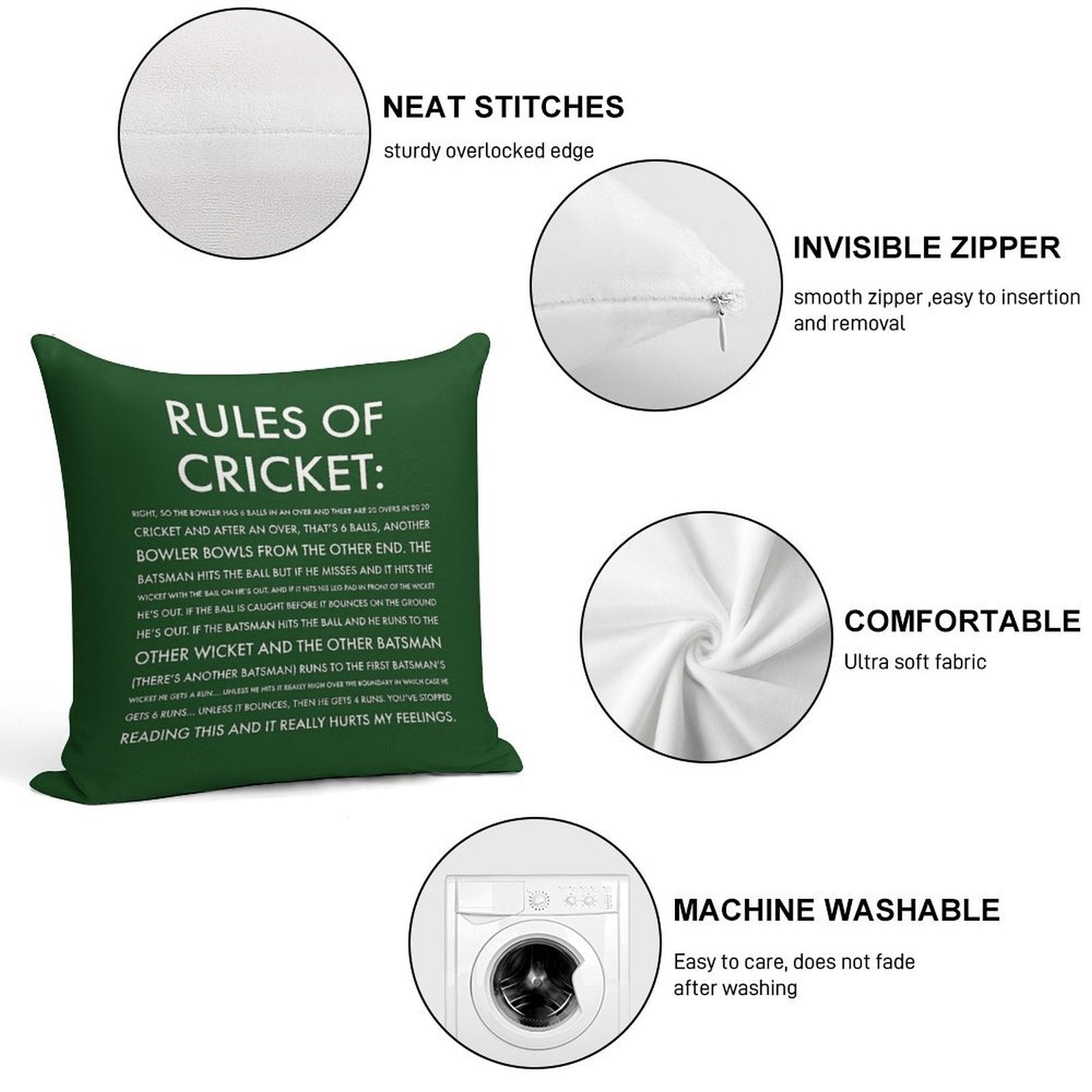 Rules of Cricket - Funny Soft Washable Throw Pillow