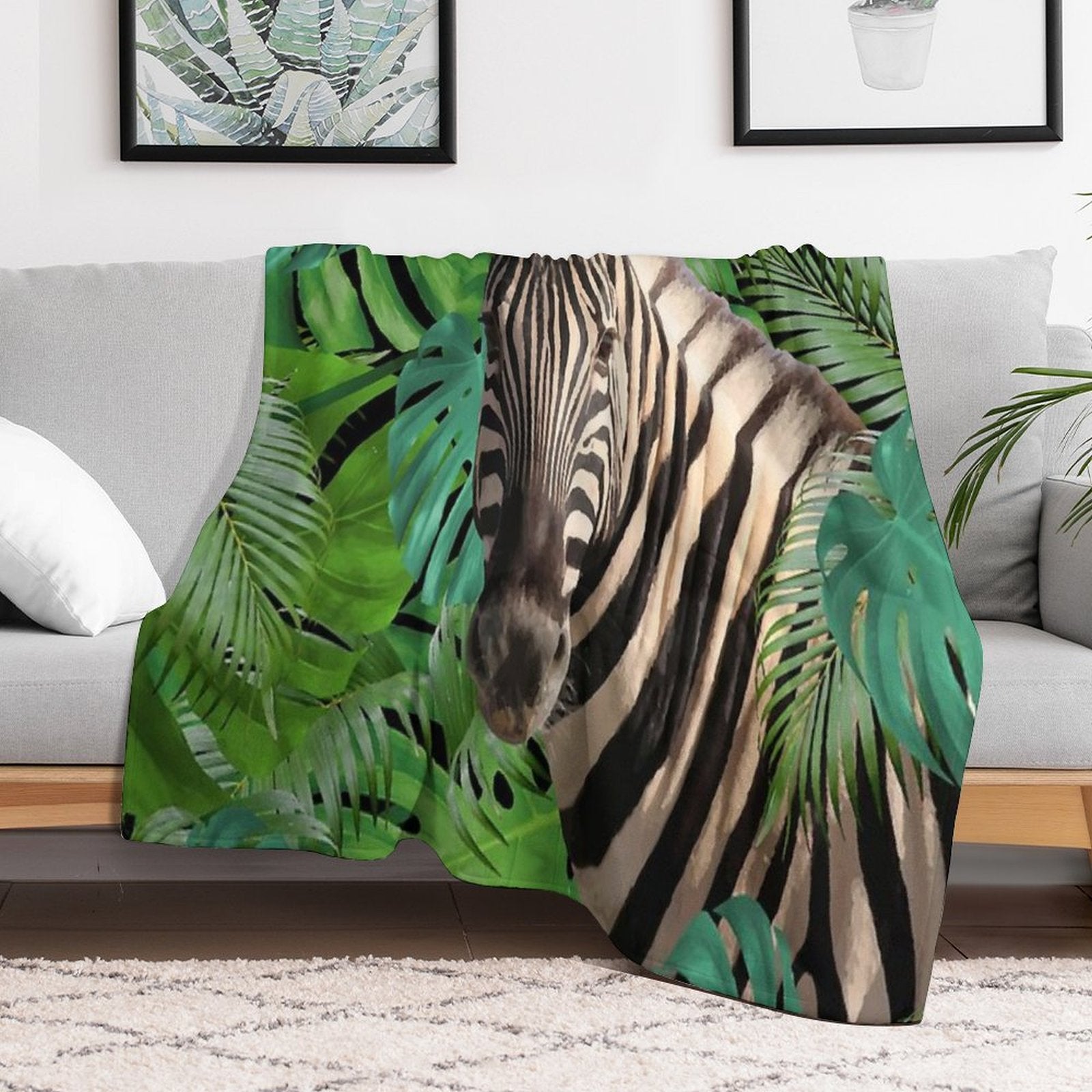 Zebra Jungle Palm Monstera Leaves Gift-ready Throw Blanket