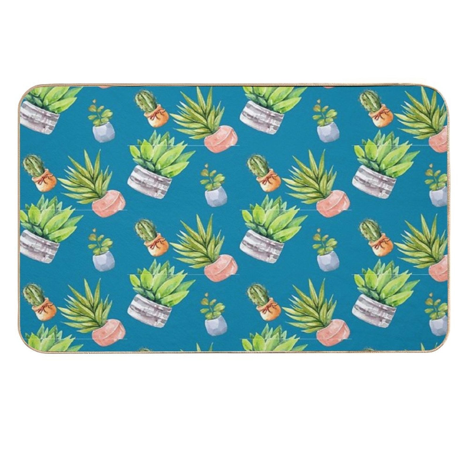 Cactus Succulent Potted Plant Pattern Teal Blue  Dirt-Trapping Bath Mat