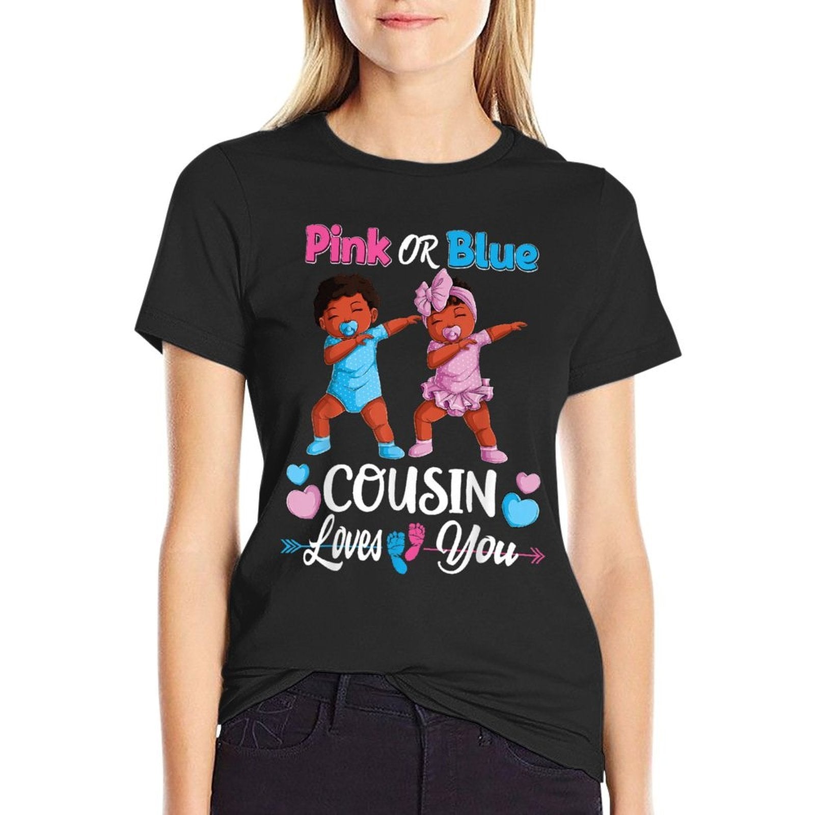 Pink Or Blue Cousin Loves You Black Baby Gender Reveal Party  Eco-friendly Material T-Shirt