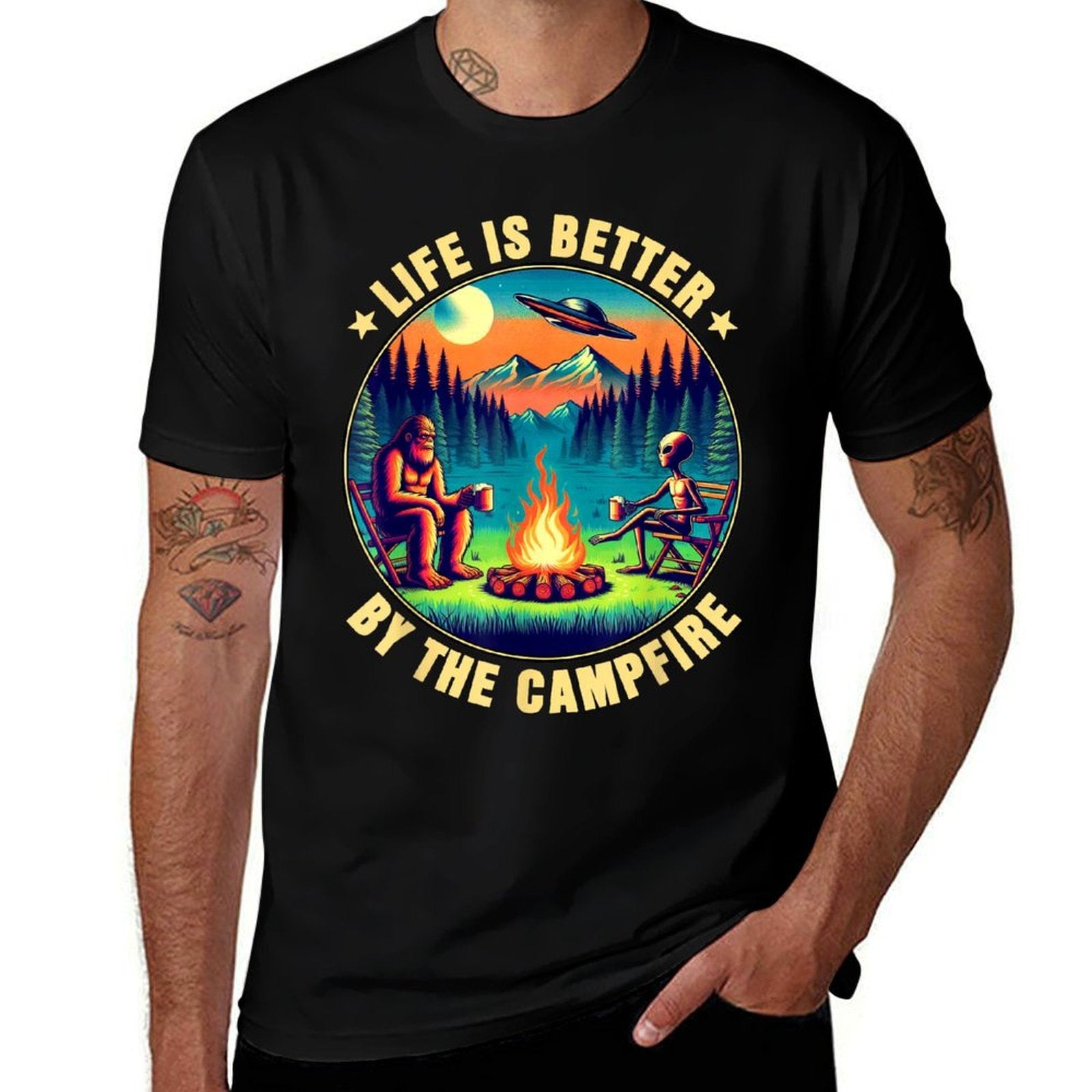 Camping Life Is Better By Campfire Drinking Bigfoot Alien  Easy-care T-Shirt