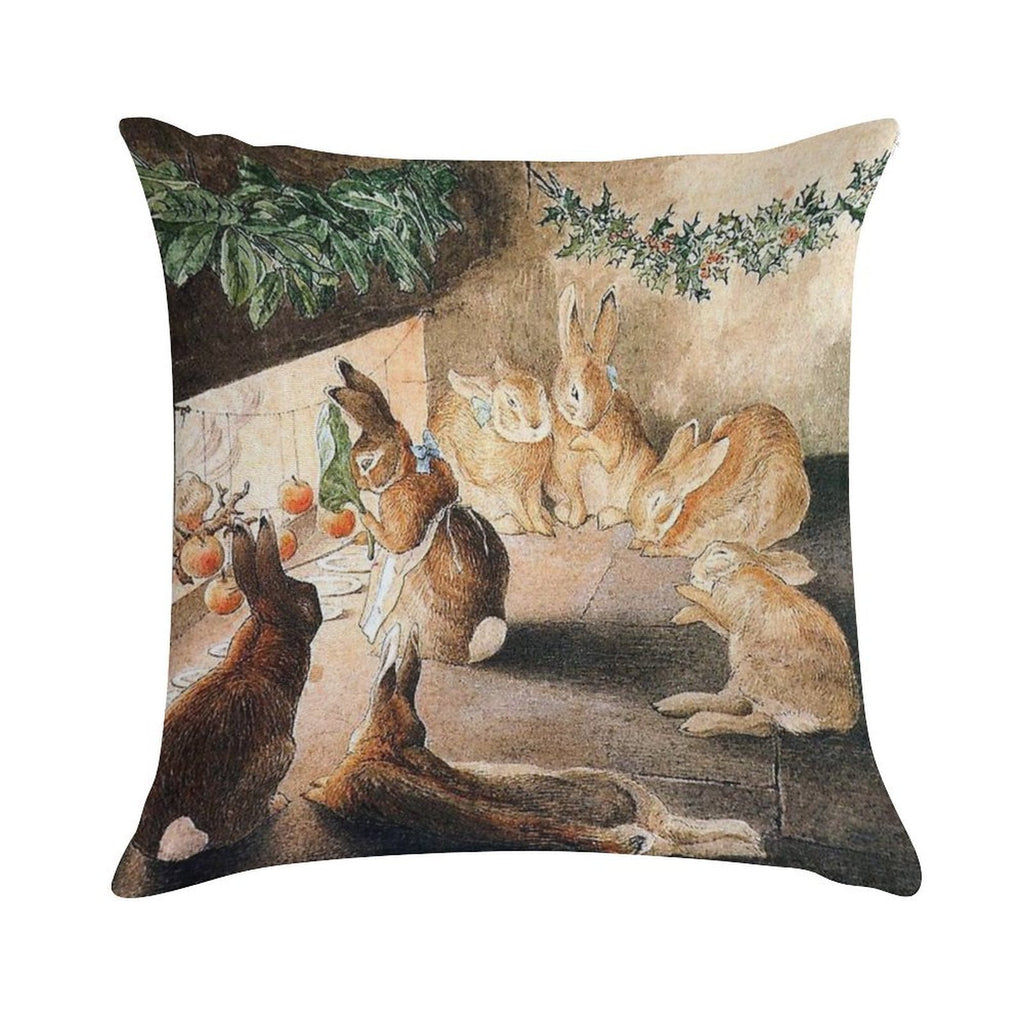 Christmas Rabbit Family Roasting Apples - Beatrix Potter Soft Shrink-Resistant Throw Pillow