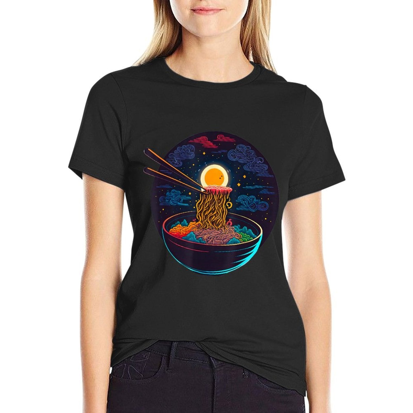 Japanese Moon Ramen Night Graphic Retro Anime Noodles Art  Affordable Price T-Shirt