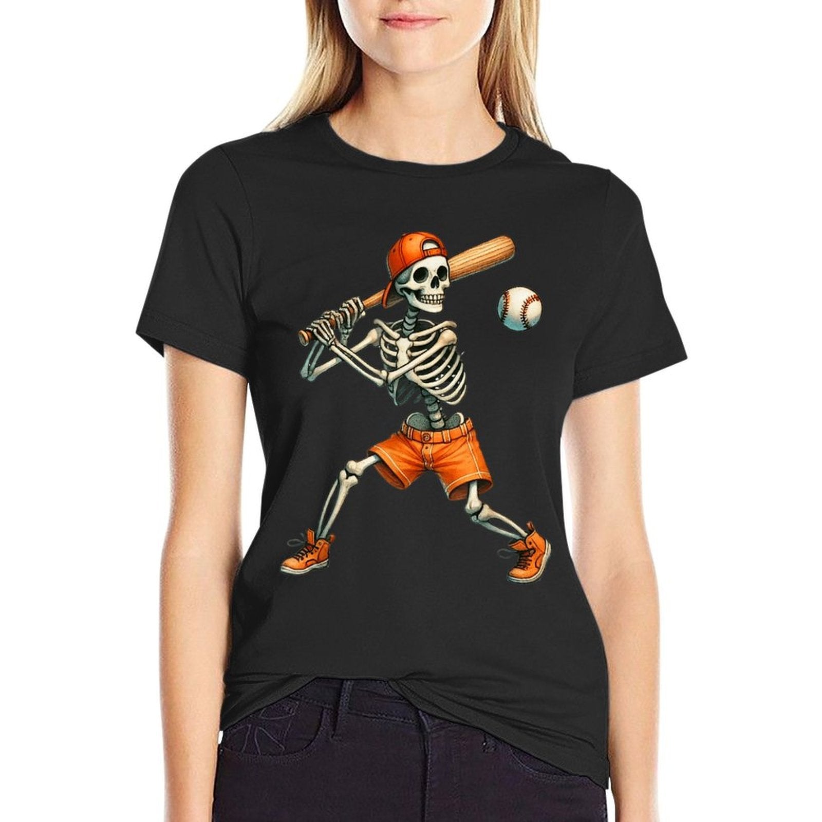 Funny Skeleton Batting Baseball Halloween Boys Men Kids  Cotton T-Shirt