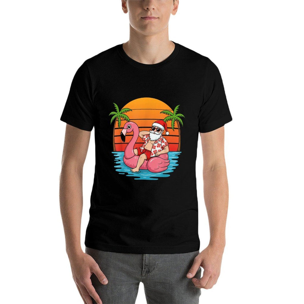 Funny Christmas in July Flamingo Santa  Tagless Design T-Shirt