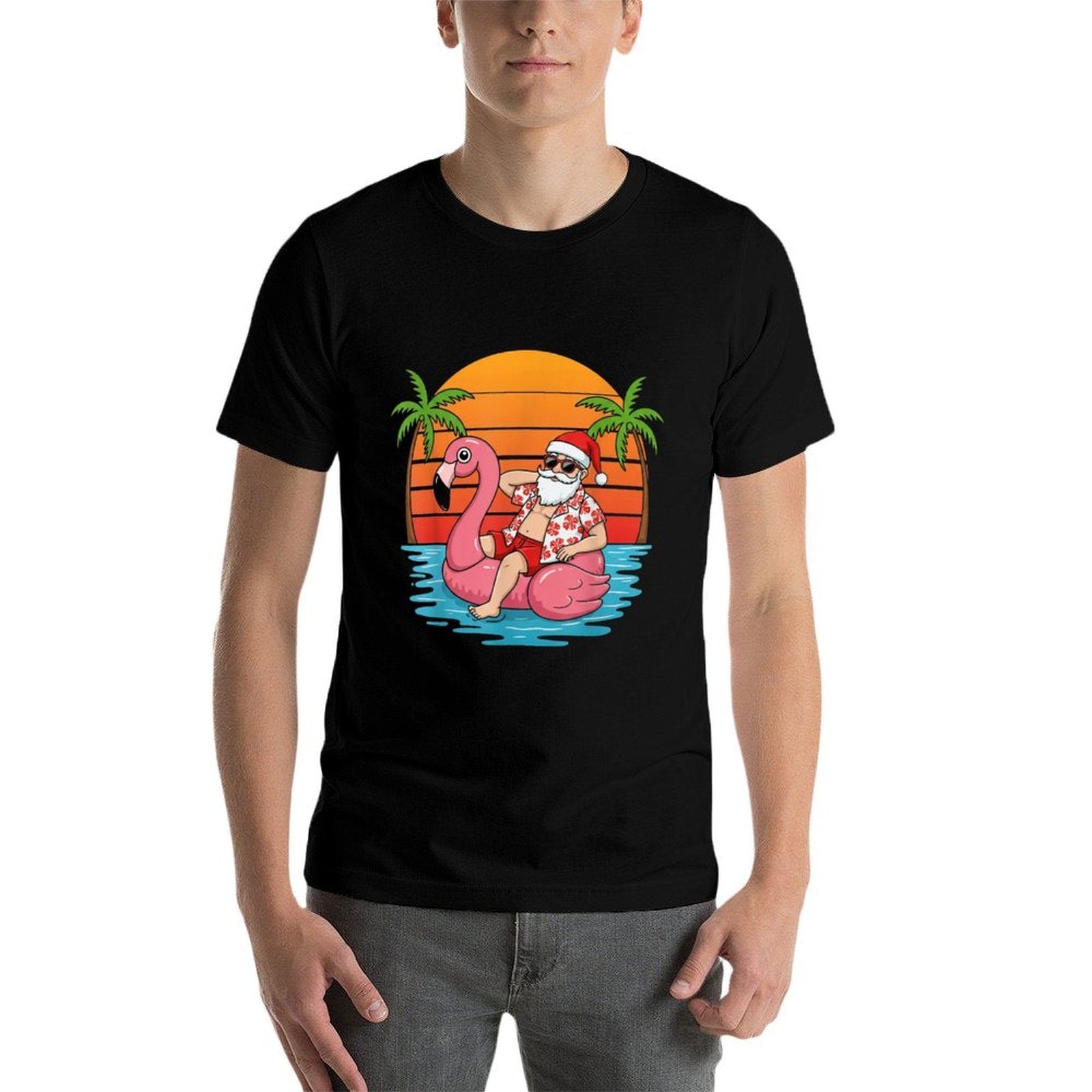 Funny Christmas in July Flamingo Santa  Tagless Design T-Shirt