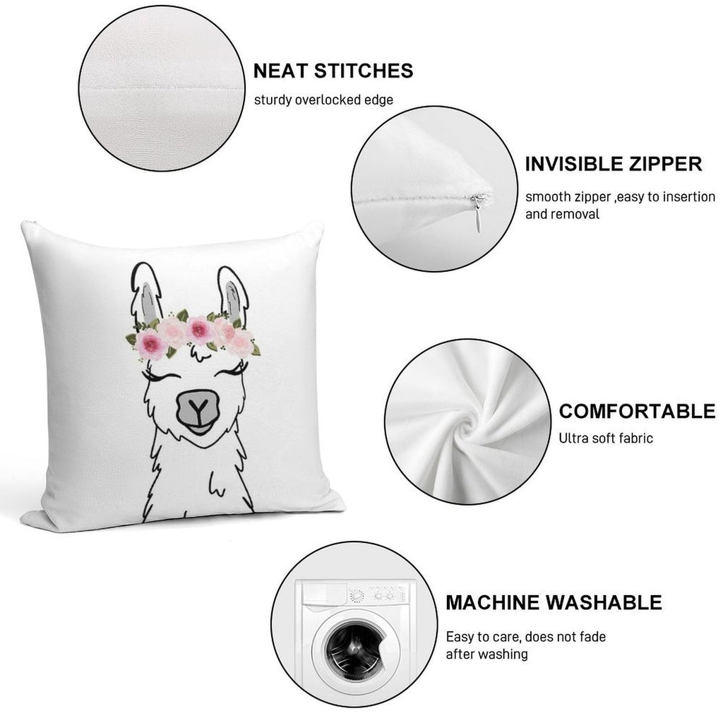 Floral Crown Llama Soft Short Plush Fabric Throw Pillow