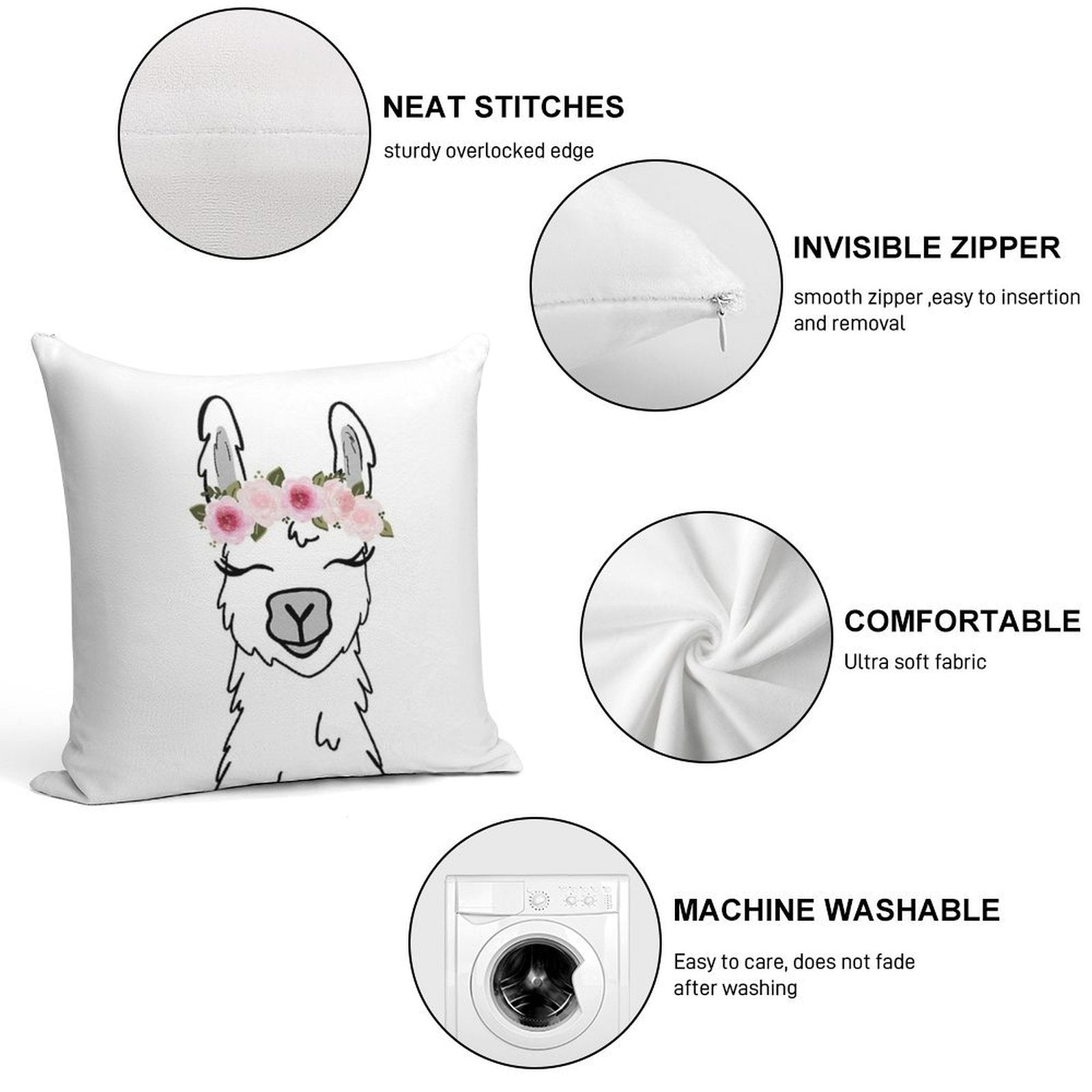 Floral Crown Llama Soft Short Plush Fabric Throw Pillow