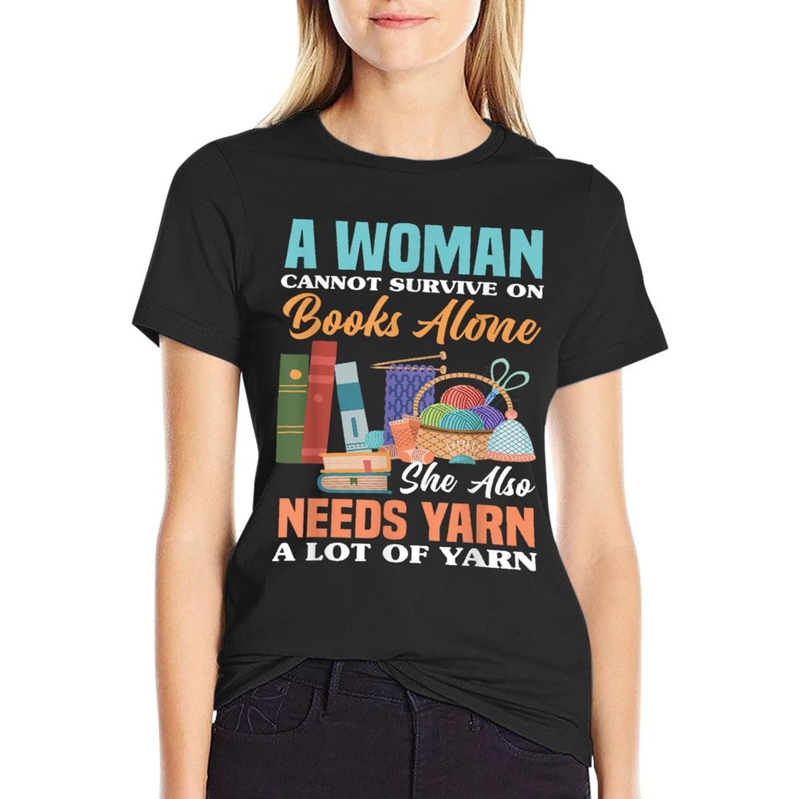 Woman Survives On Books Yarn Knitting  Polyester Blend T-Shirt