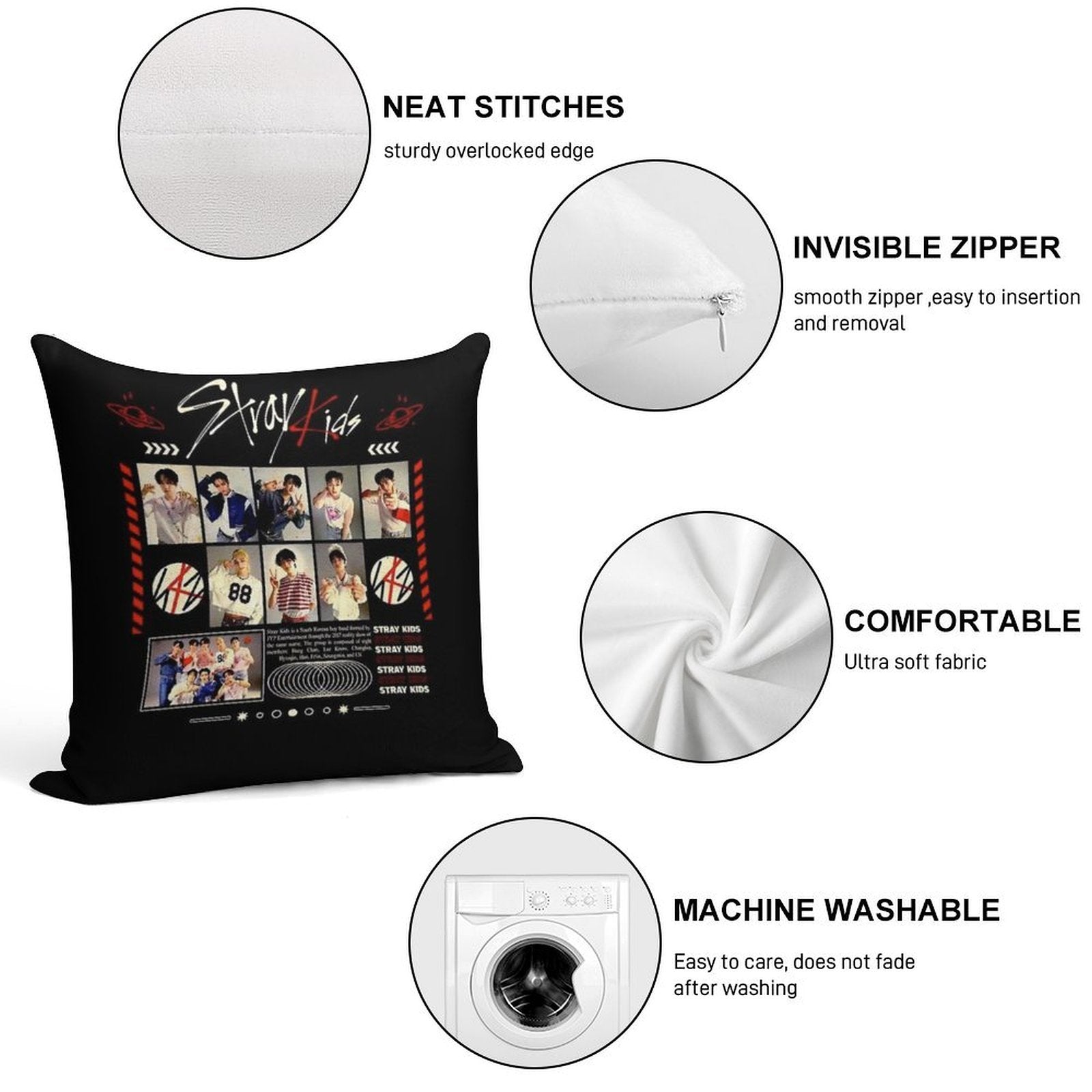 Stray Kids Concert Tour T-shirt Kpop Boy Group Bang Chan Lee Know Changbin Hyunjin Han Felix Seungmin Jeongin Soft Luxury Feel Throw Pillow