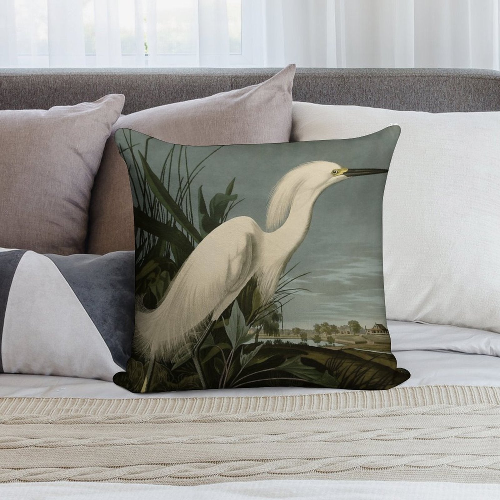 Snowy Heron Or White Egret from Audubon Birds of America Soft Multiple Sizes Throw Pillow