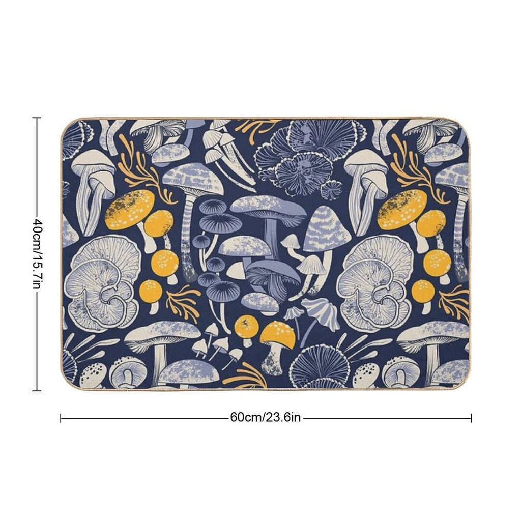 Mystical Fungi  Midnight Blue Background Ivory Pale Blue And Yellow Wild Mushrooms Durable Bath Mat