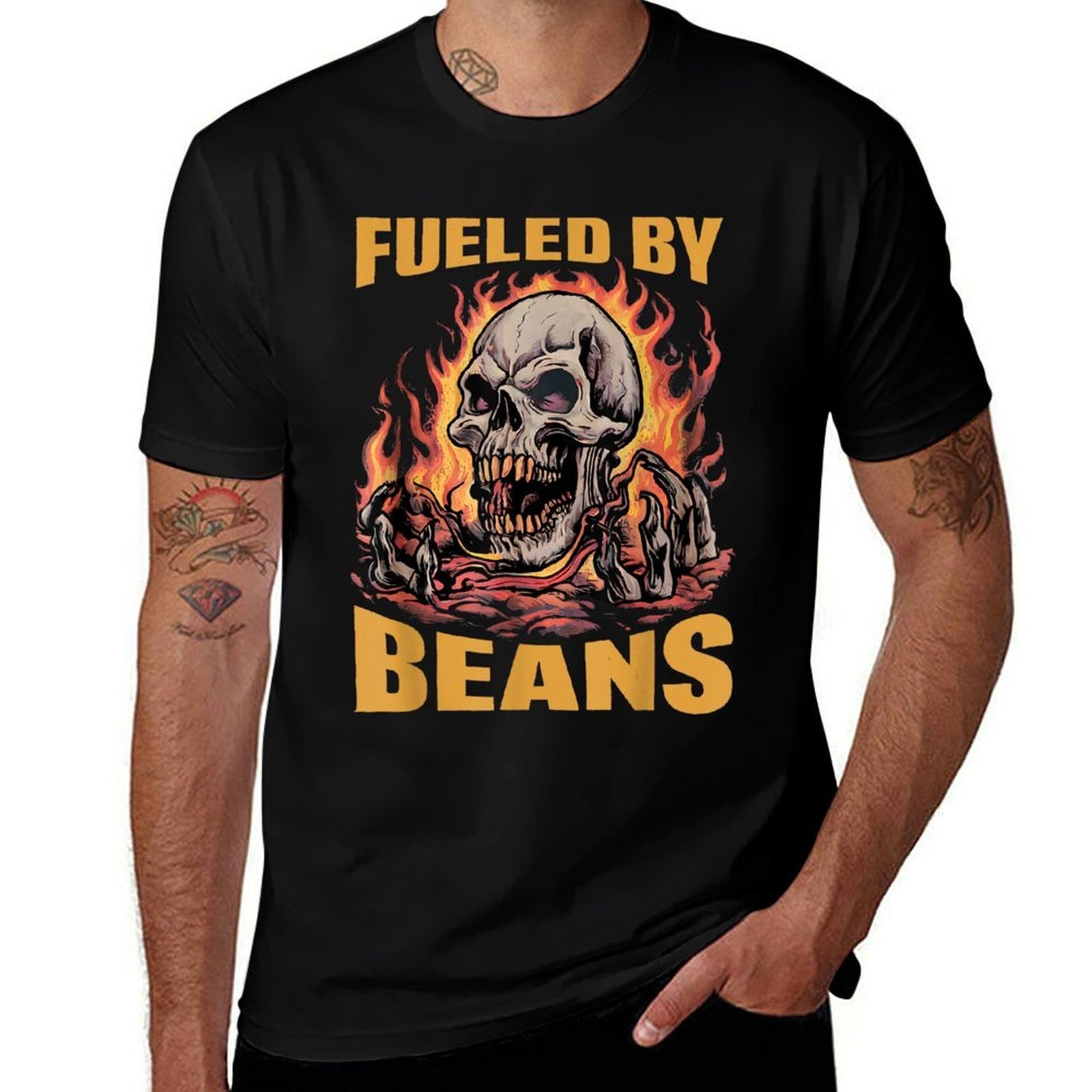 Fueled By Beans Funny Brainrot Cringe Skeleton Meme Flames  Graphic-printed T-Shirt