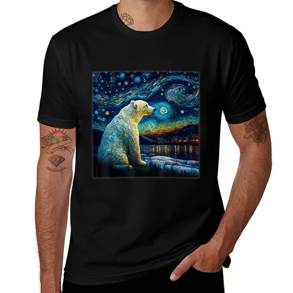 Surrealism Starry Night Polar Bear  High-quality Stitching T-Shirt