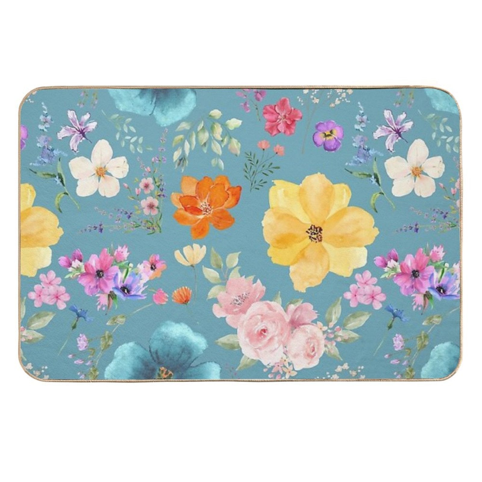 Teal Watercolor Floral Pattern  Anti-Trip Bath Mat