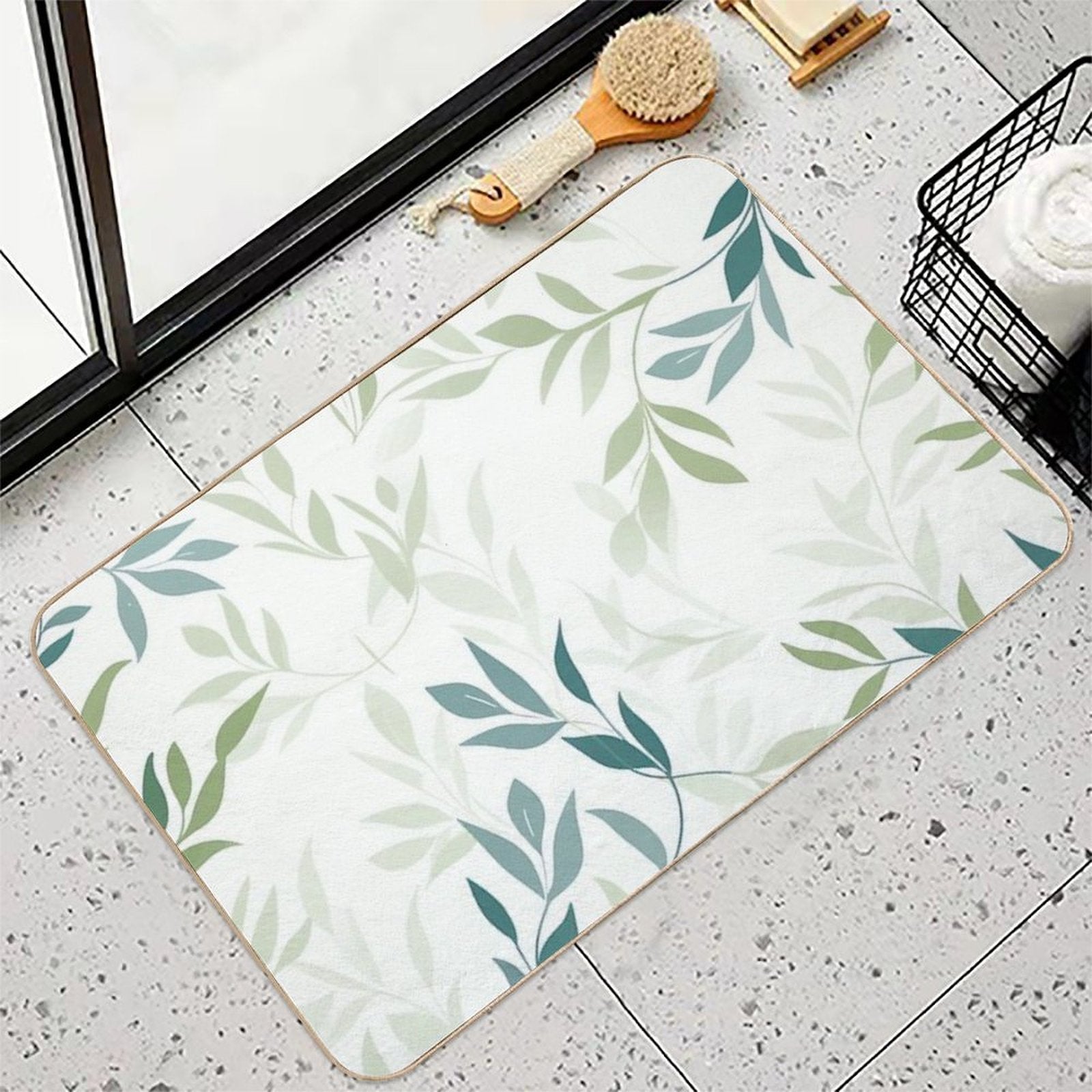 Soft Green Botanical Leaves – Minimalist Nature Pattern  Long-Lasting Bath Mat