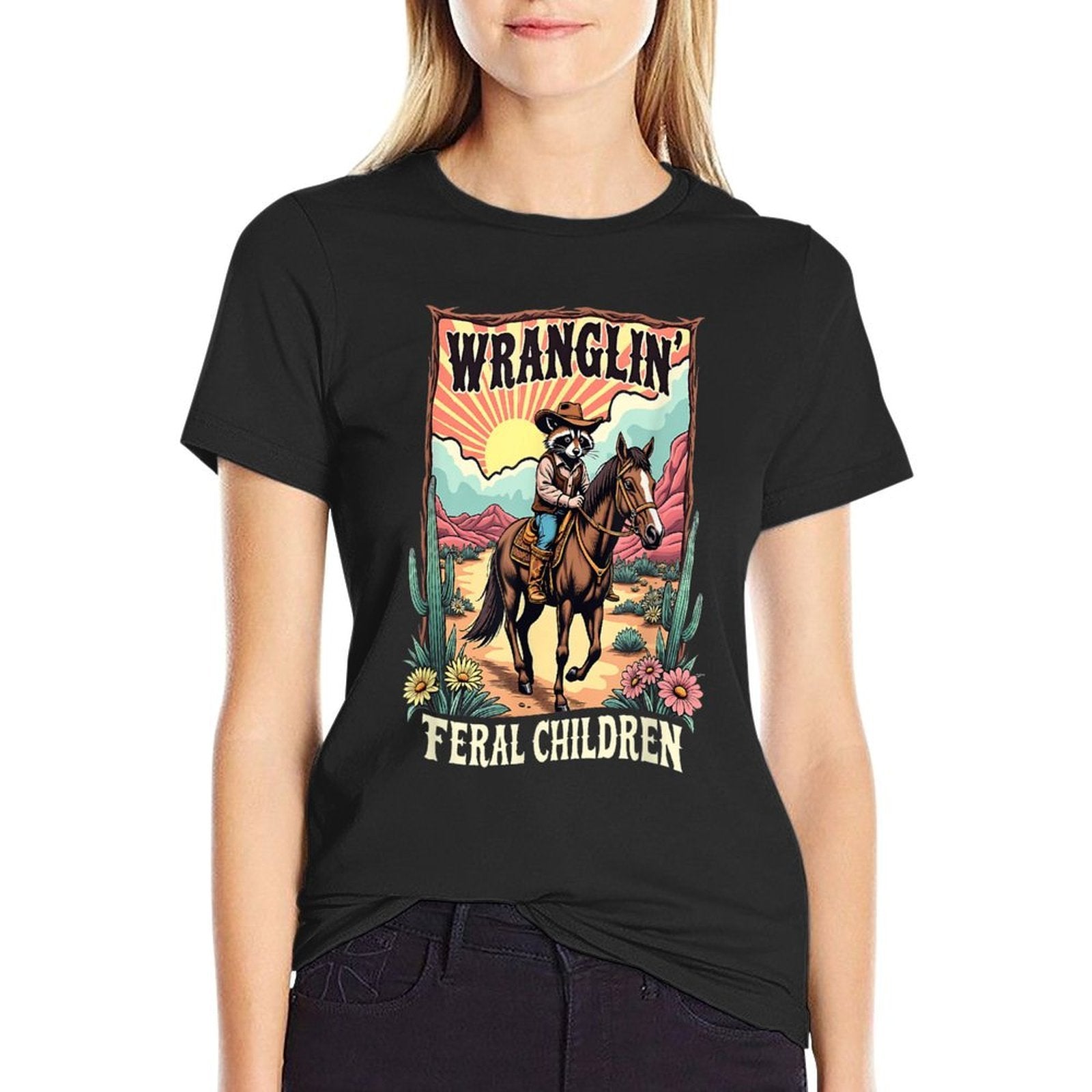 Vintage Wranglin Feral Children Raccoon Meme 90s Western  Wrinkle-resistant T-Shirt