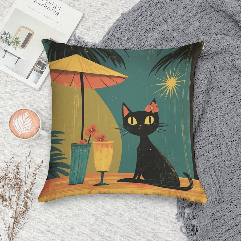 Mid Century Atomic Tiki Black Cat – Retro Lounge Aesthetic Soft Luxury Feel Throw Pillow