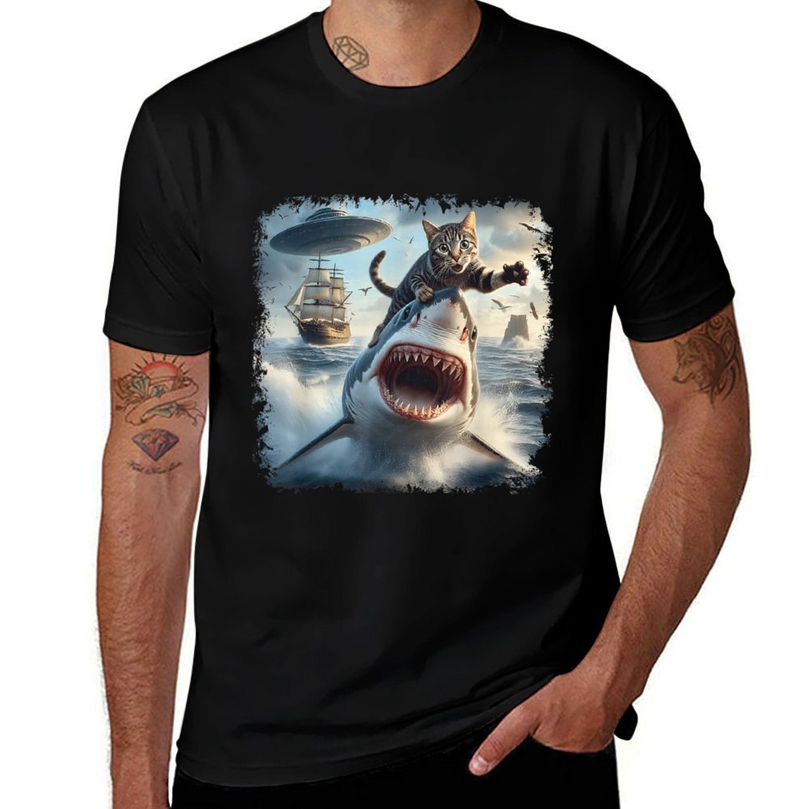 Cat Selfie With Alien Shark Funny Cat Cruise Meme Design for Men Women Kids  Vintage-inspired T-Shirt