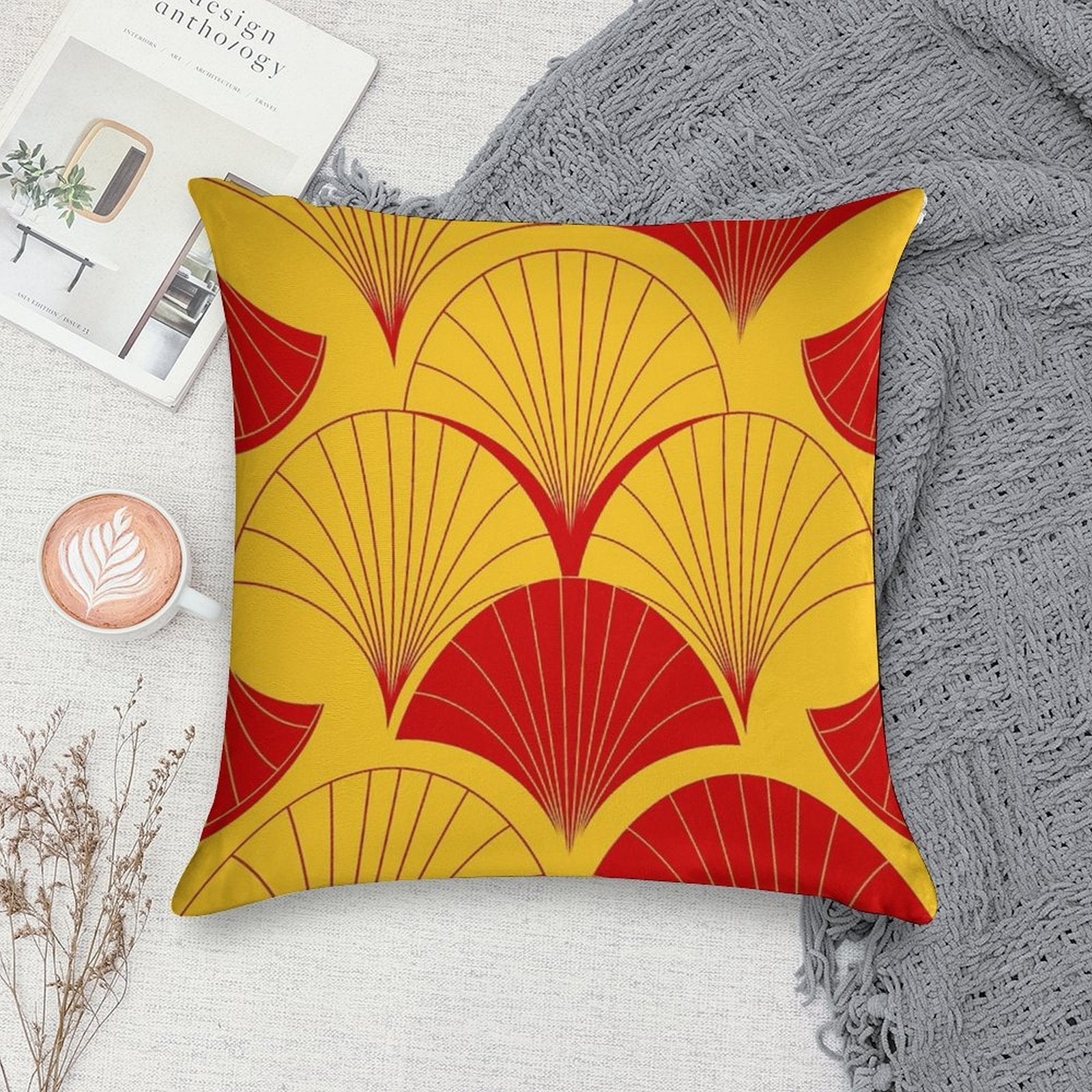 Asian Art Deco Red And Yellow Fan Pattern Soft Warmth Comfort Throw Pillow