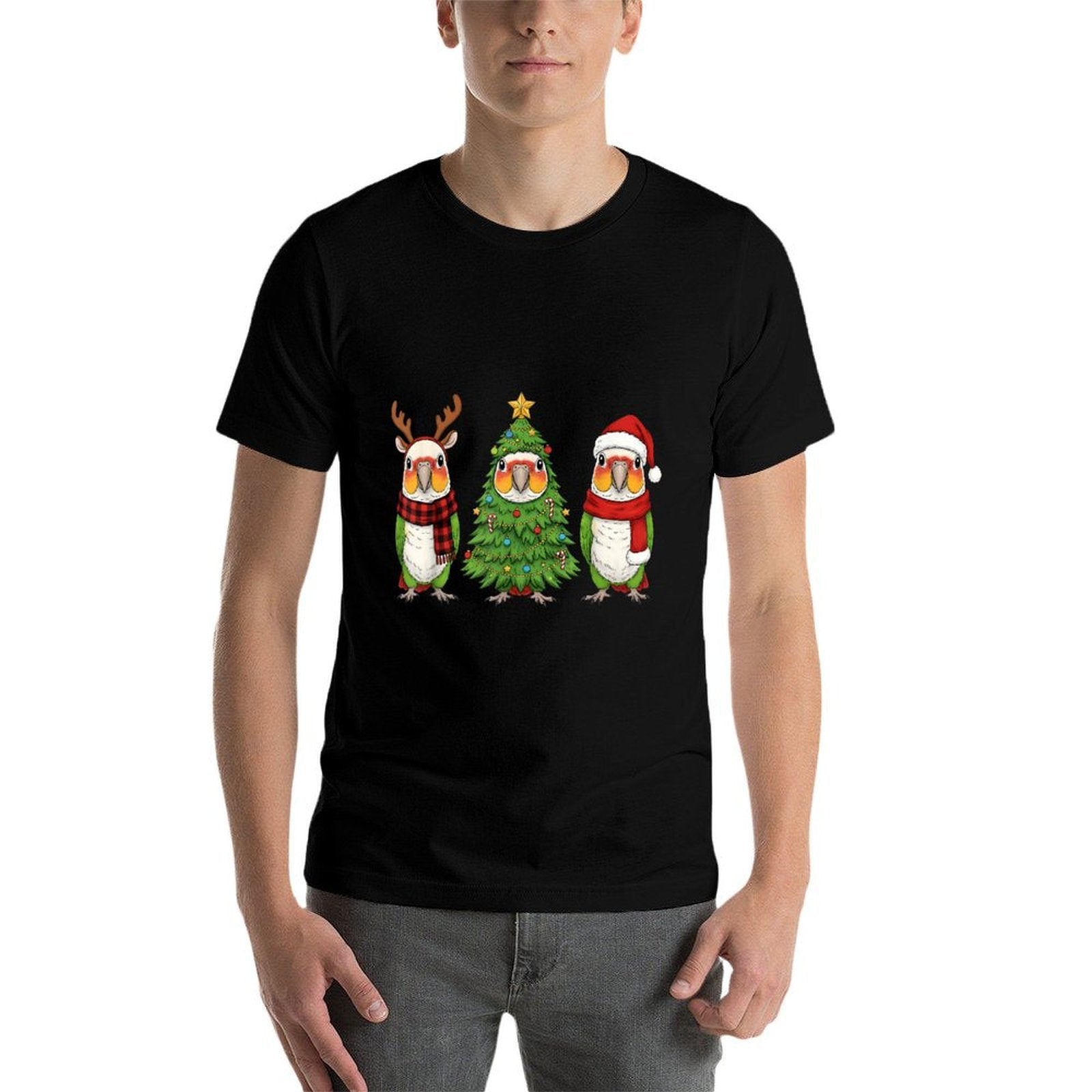 Retro Christmas White Bellied Caique Parrot Santa Reindeer  Tagless Design T-Shirt