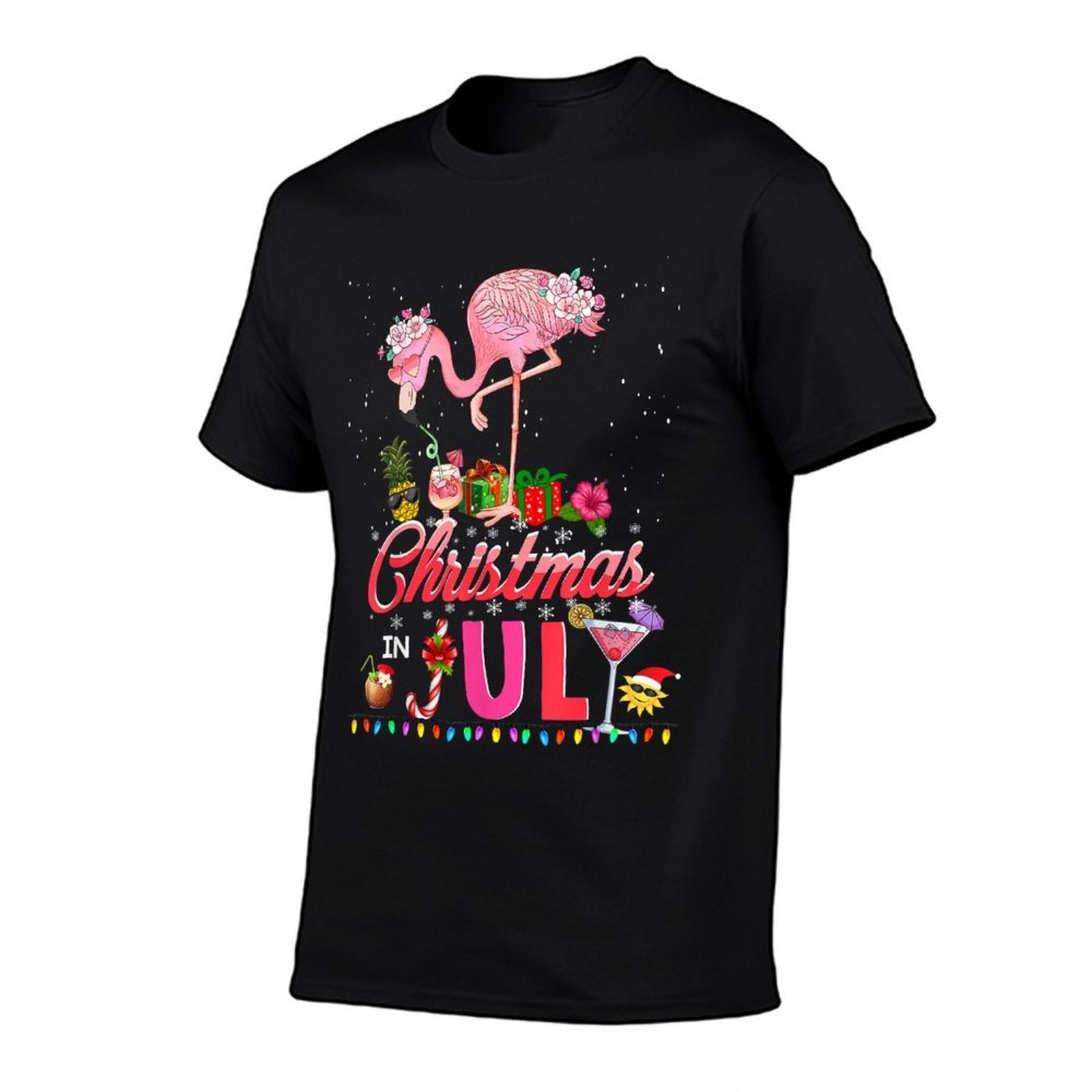 Pink Flamingo in Santa Hat Christmas In Julys Girl Women  Tagless Design T-Shirt