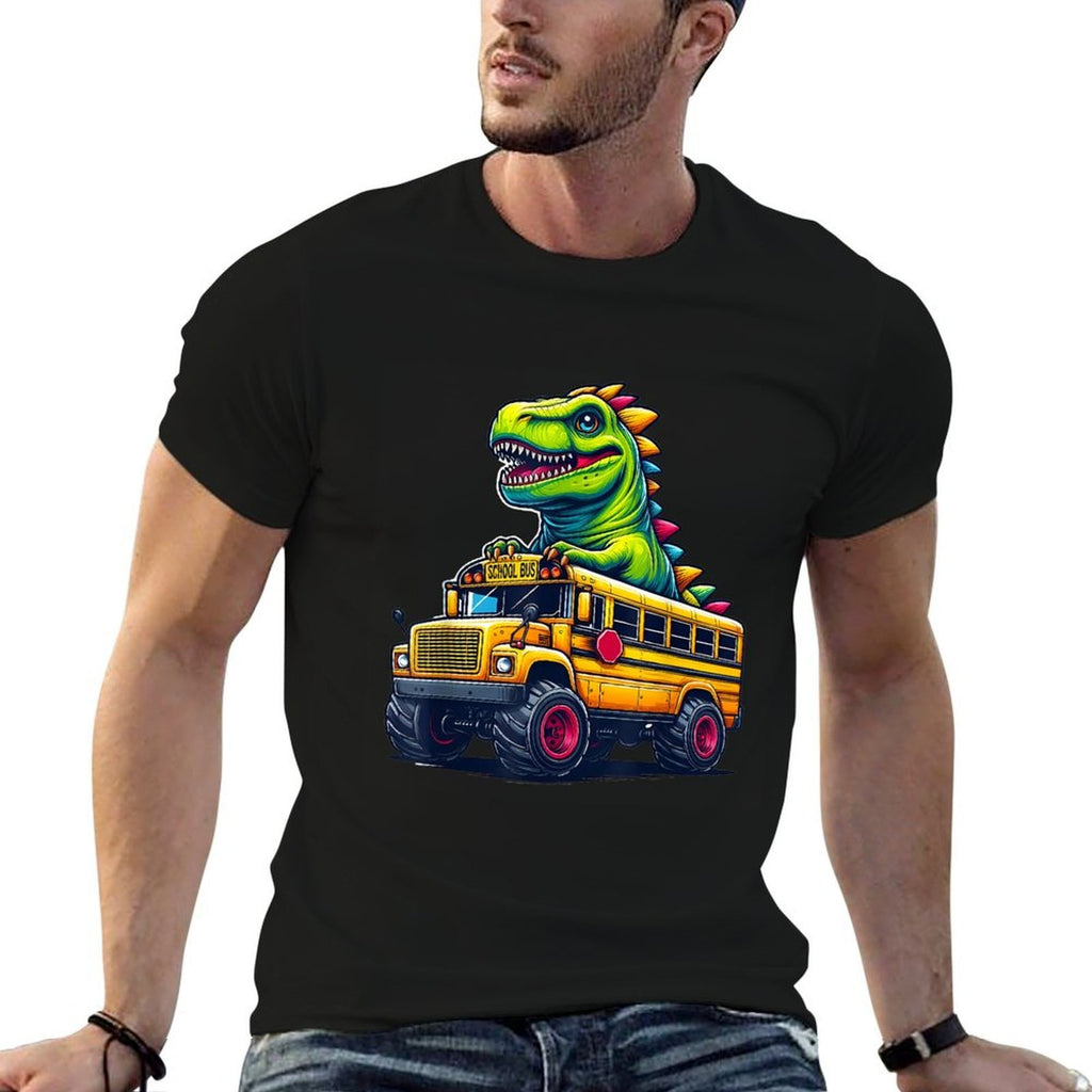 Dinosaur T-rex On Monster Truck School Bus Driver Graphic  Eco-friendly Material T-Shirt
