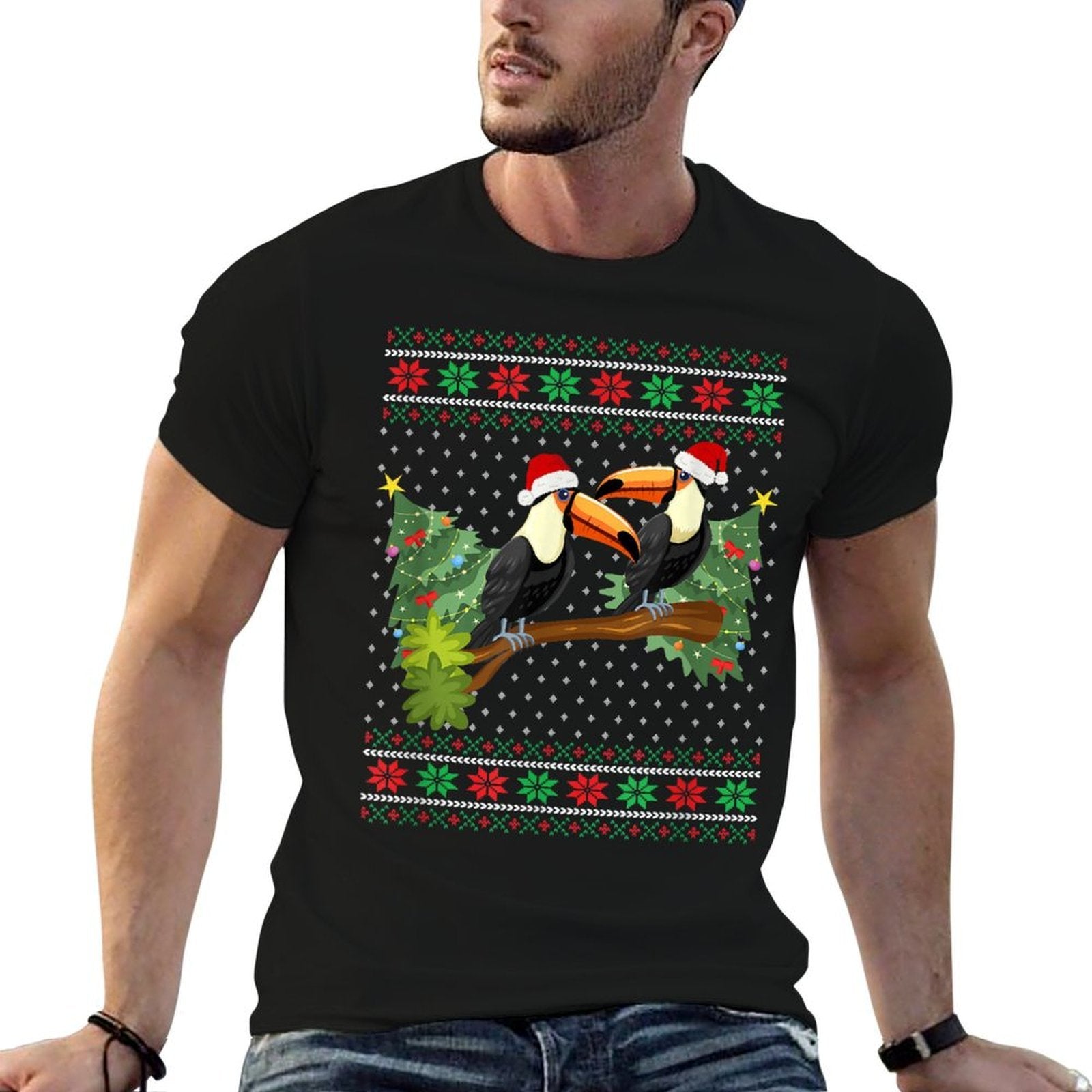 Toucan Xmas - Ugly Toucan Bird Christmas  Ribbed Collar T-Shirt