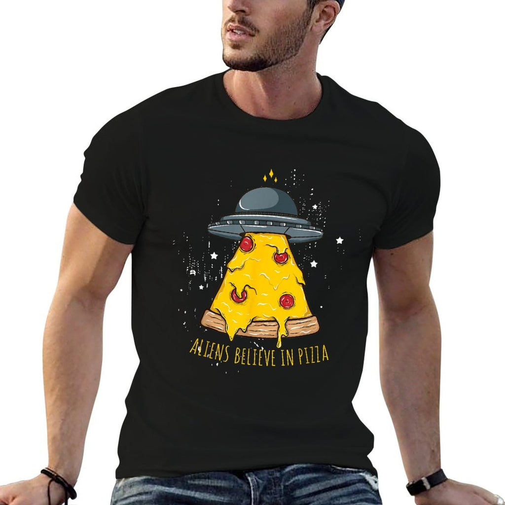 Aliens Believe In Pizza Funny Alien Ship Pizza  Polyester Blend T-Shirt