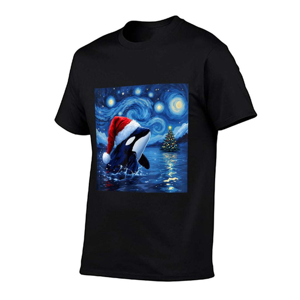 Christmas Orca Santa Hat Van Gogh Starry Night Holiday  High-quality Stitching T-Shirt