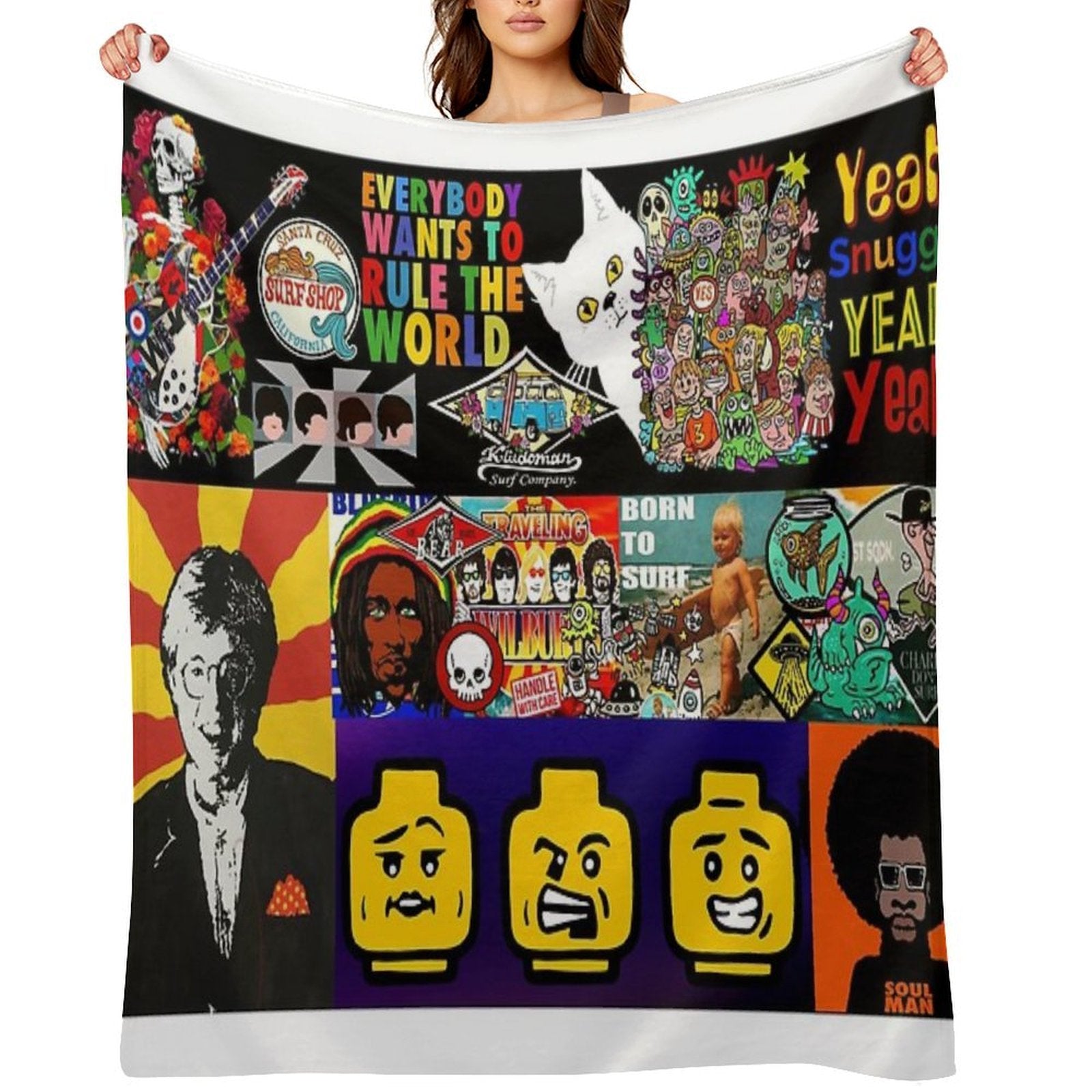 Surf, Rock, Guitar, Skull, Monsters, Lyrics, Faces, Funny Cartoons, Cats, Colourful Pop Art Collage of Art by Kludoman Quick-dry Throw Blanket