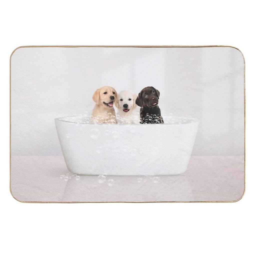 Three Puppies in Modern Bathtub Pink Print, Puppy Golden Retriever, Puppy Bathing, Animals in Bathtub Art by Synplus  Non-Slip Bath Mat