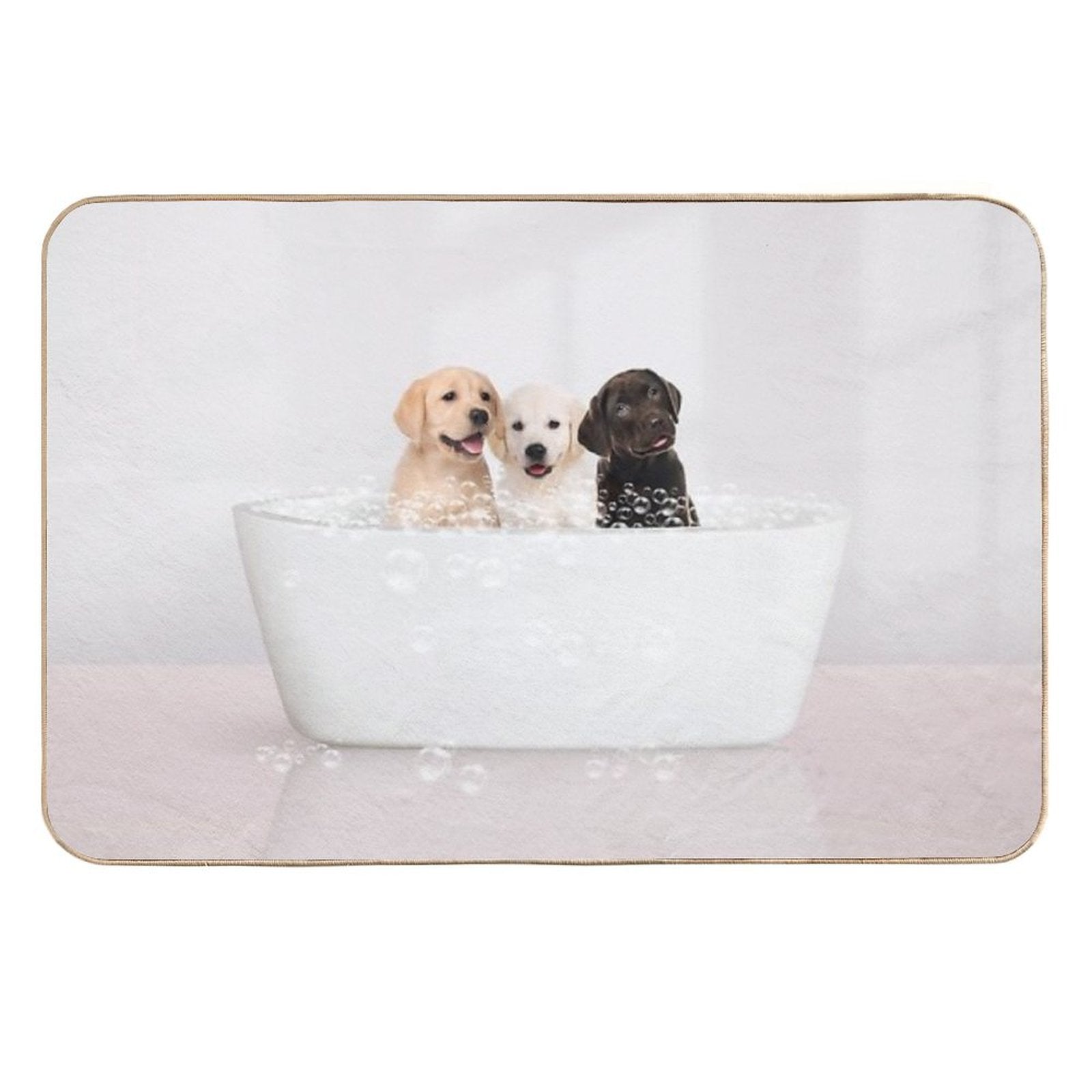 Three Puppies in Modern Bathtub Pink Print, Puppy Golden Retriever, Puppy Bathing, Animals in Bathtub Art by Synplus  Non-Slip Bath Mat