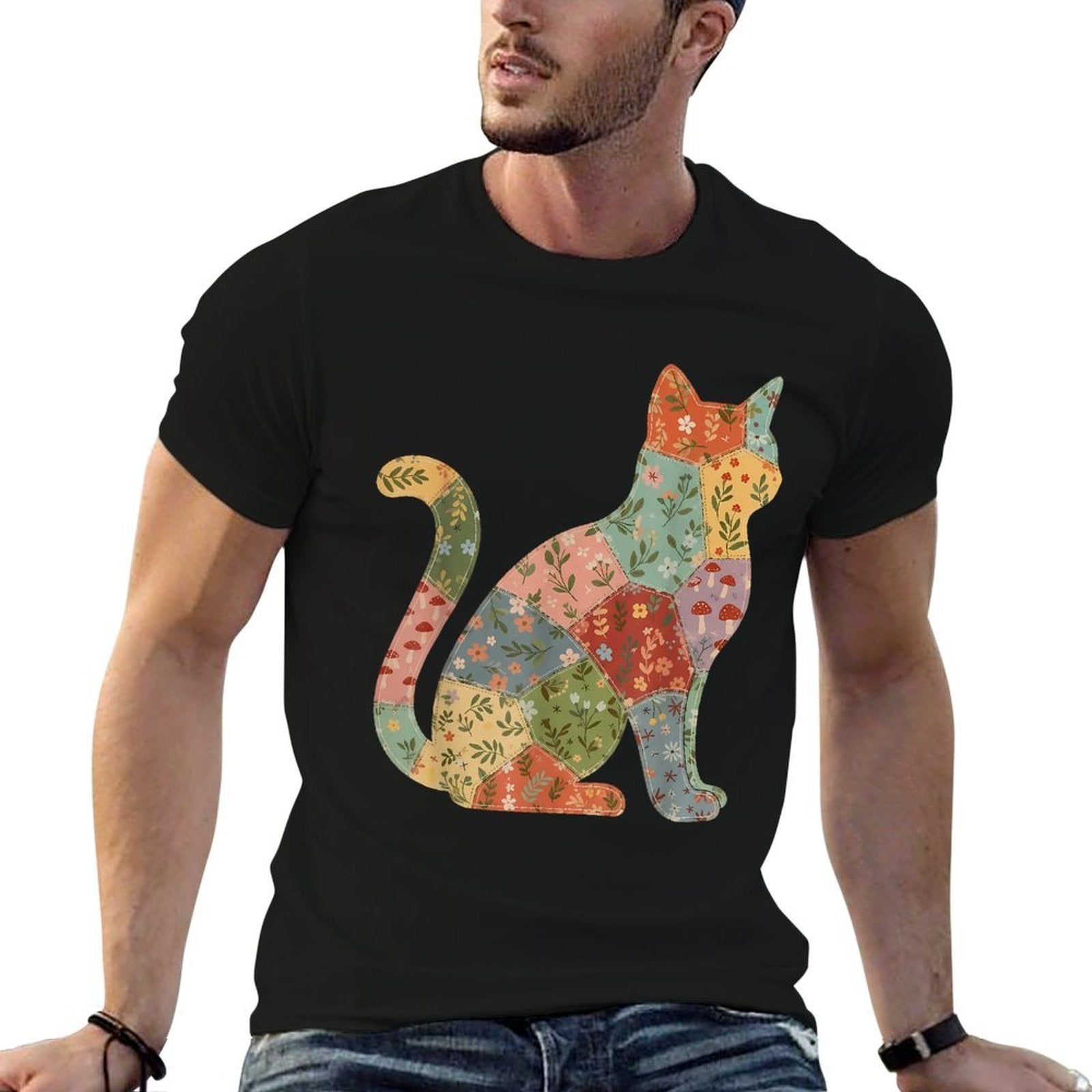 Vintage Cottagecore Boho Floral Patchwork Cat Quilt Art  Oversized Silhouette T-Shirt