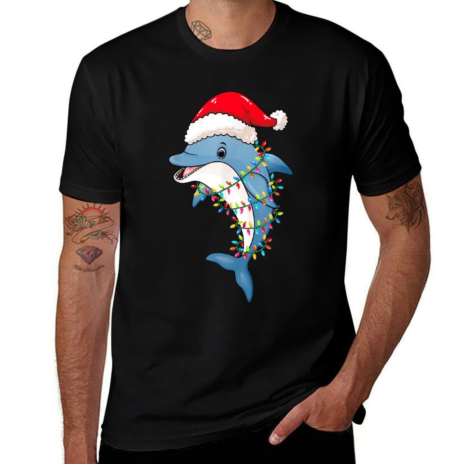 Christmas Lights Dolphin Wearing Xmas Hat - Dolphin Lover  Slim-fit Cut T-Shirt