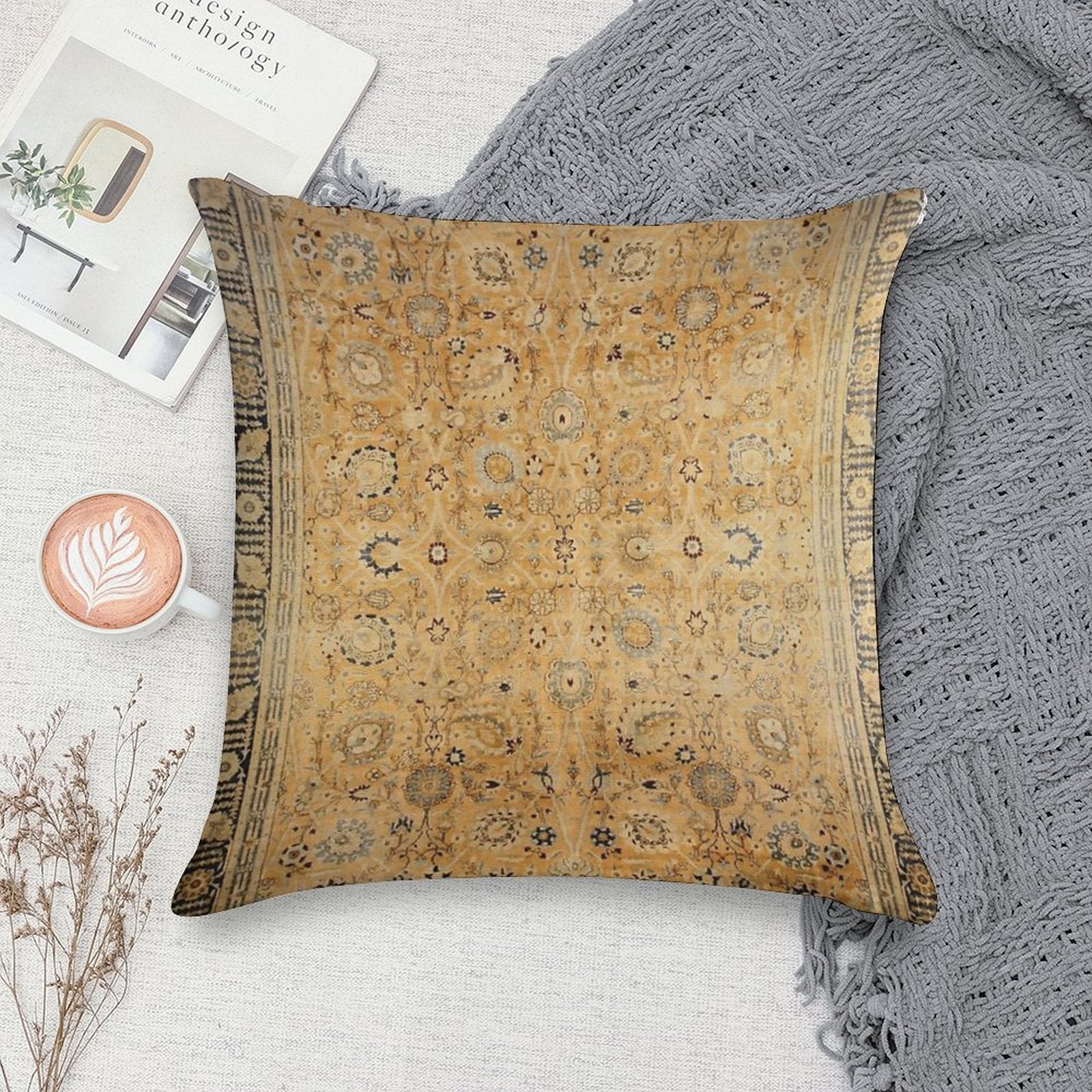 Antique Persian Tabriz Rug Print Soft High-Density Material Throw Pillow