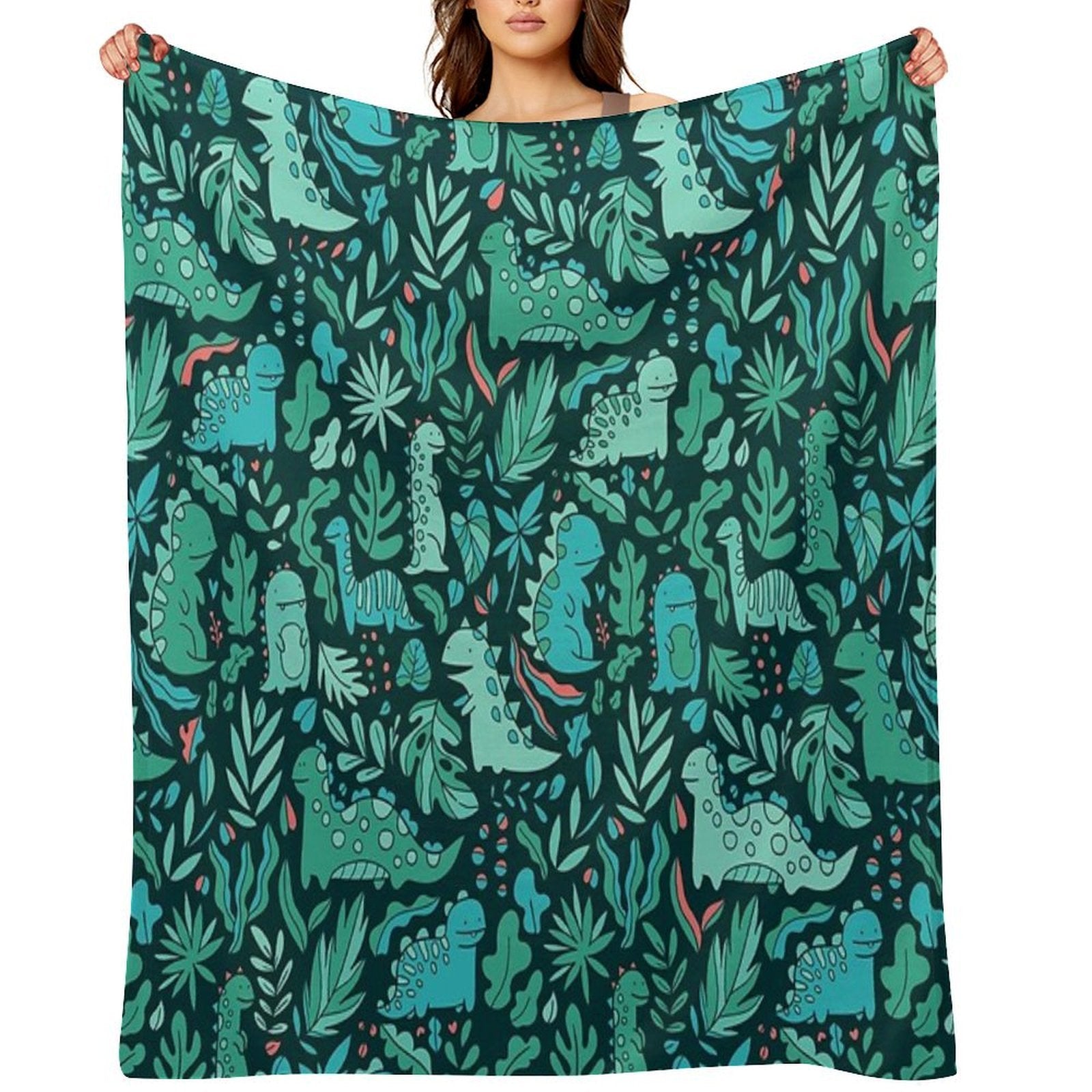 Cute Dinosaurs And Tropical Leaves Shrink-resistant Throw Blanket