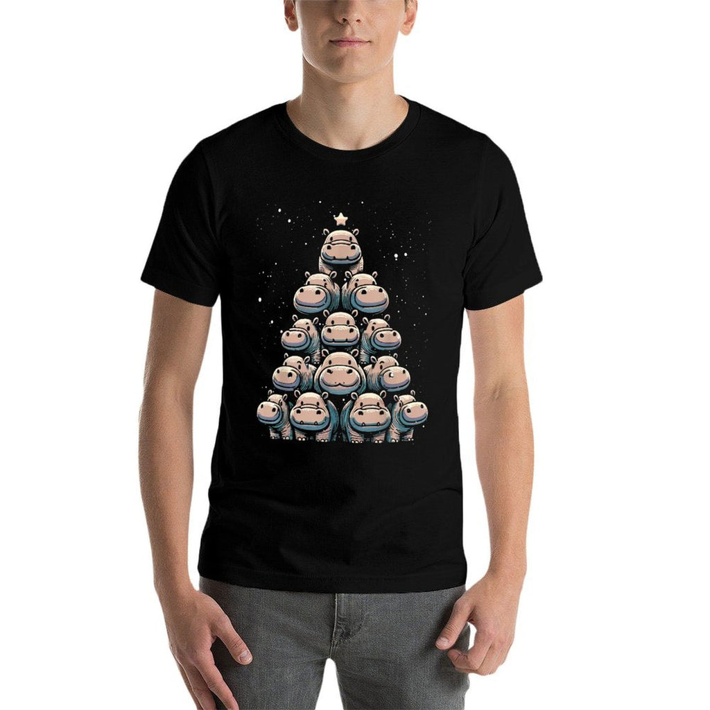 Cute Baby Hippo Christmas Tree Hippopotamus Christmas  Ribbed Collar T-Shirt
