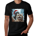 Funny Bigfoot And Cat Christmas Selfie Design  Fade-proof Color T-Shirt