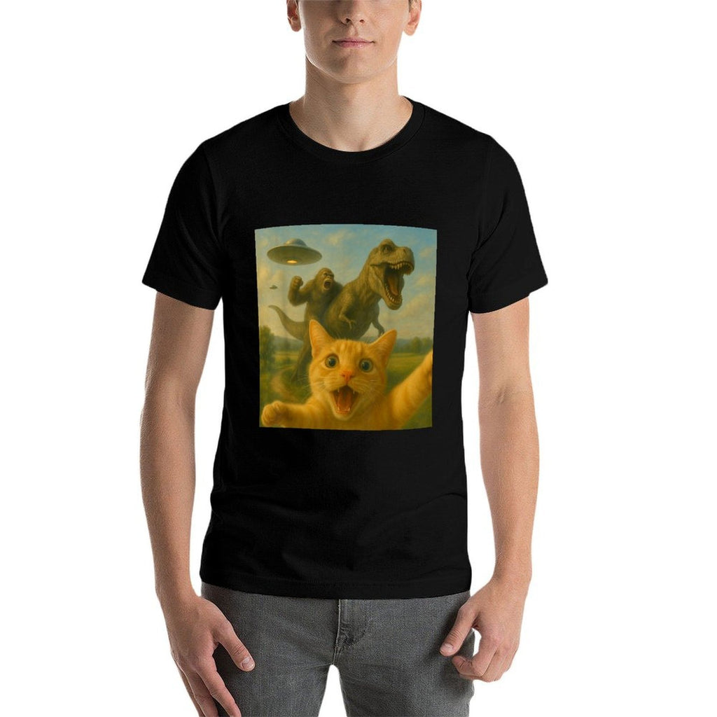Funny Surprised Scared Cat Selfie T-Rex Dinosaur Bigfoot UFO  Vintage-inspired T-Shirt