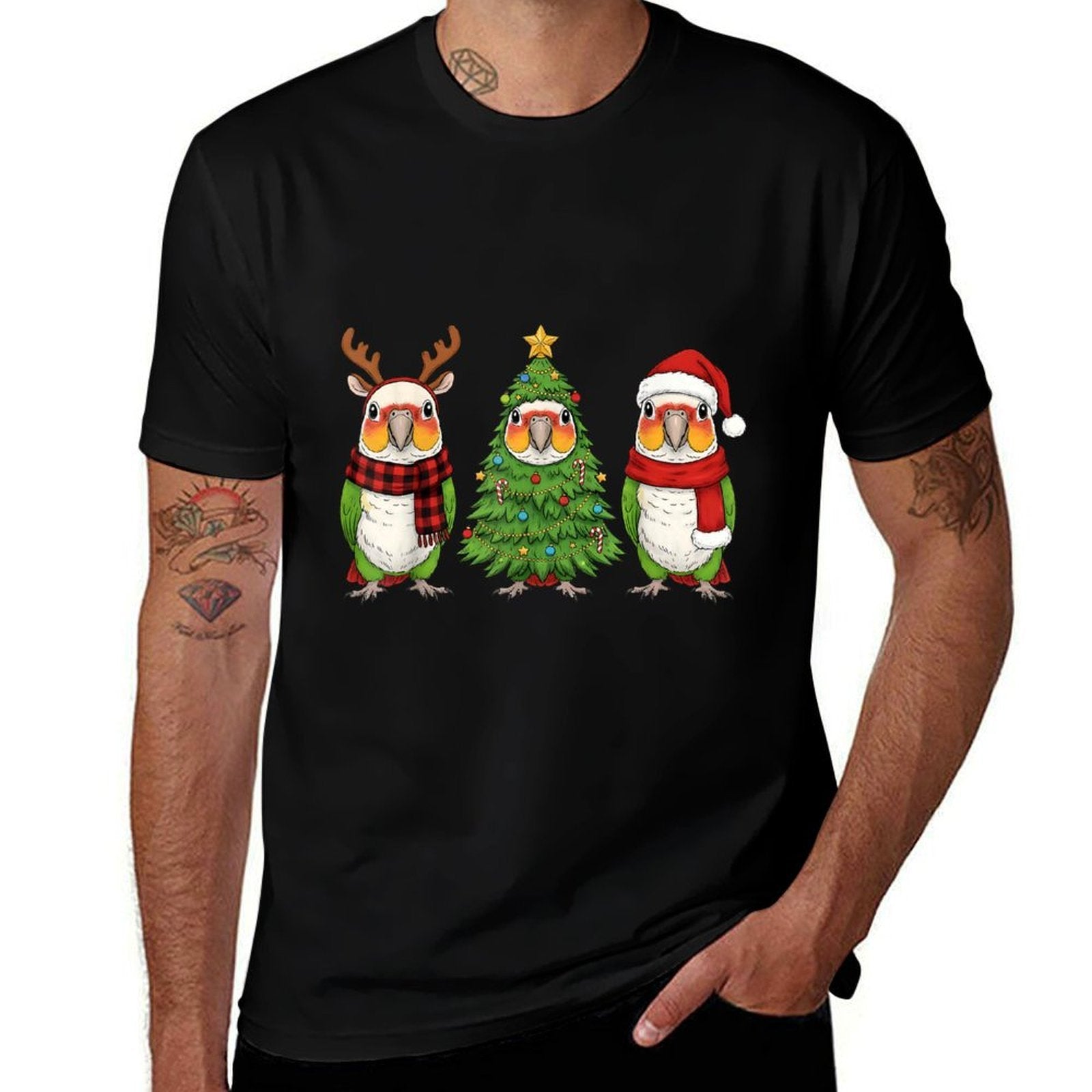 Retro Christmas White Bellied Caique Parrot Santa Reindeer  Tagless Design T-Shirt