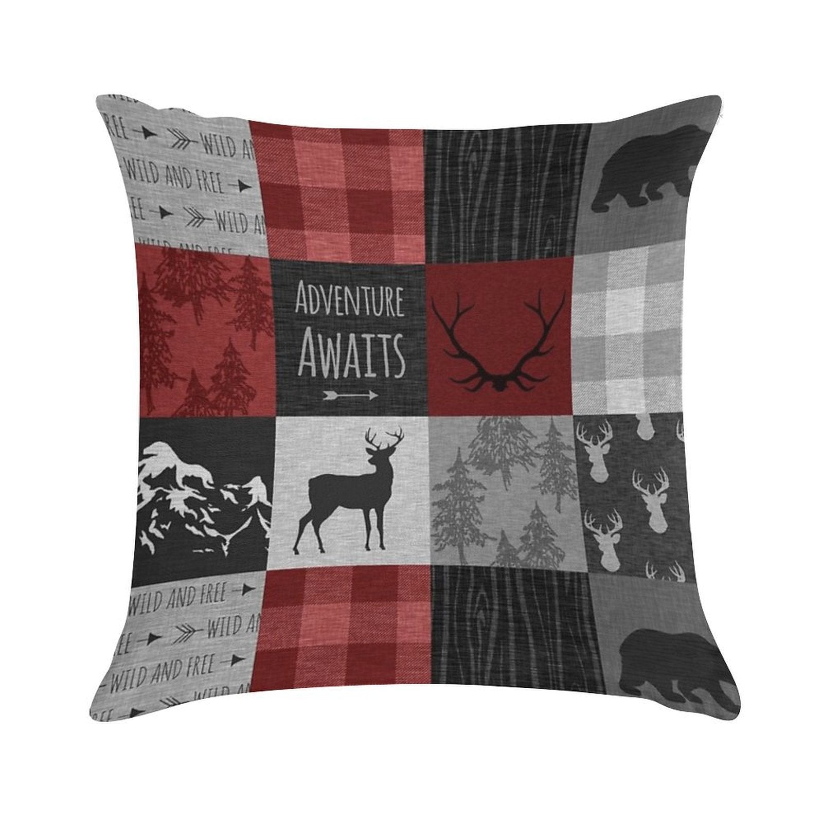 Adventure Awaits Patchwork - Red And Black Woodland Soft Fade-Resistant Throw Pillow