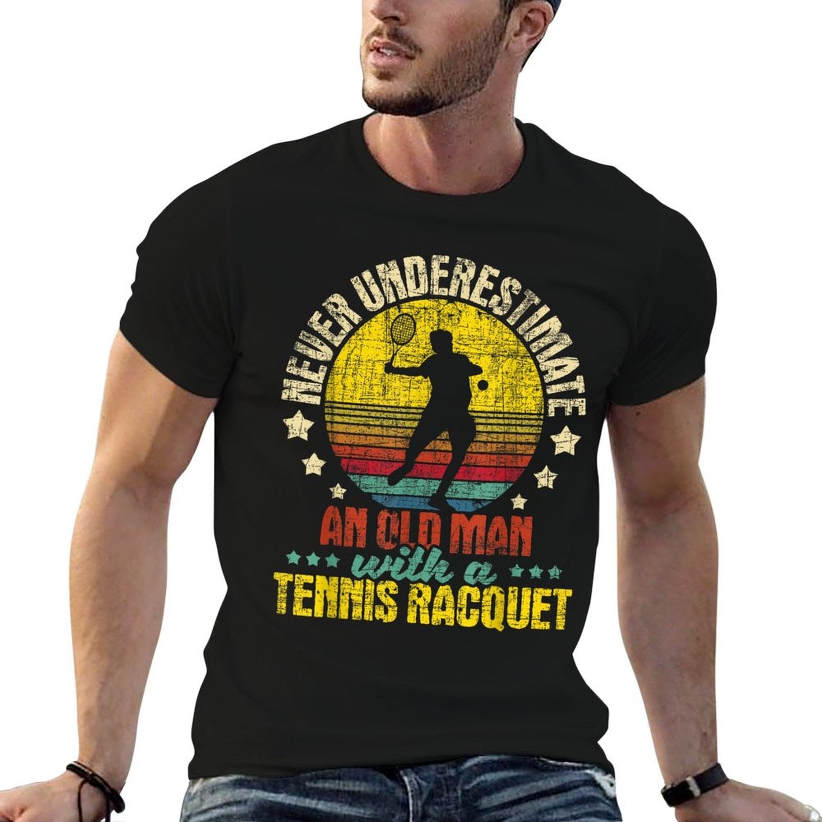 Never Underestimate An Old Man - Tennis Racket Sports Lover  Affordable Price T-Shirt
