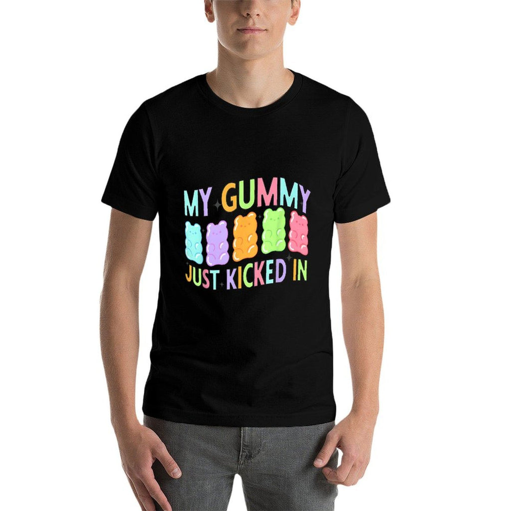 Funny My Gummy Just Kicked In Unisex-Adults Black Cotton 50 Polyester 50 Modern Casual Humorous Design  Cotton T-Shirt