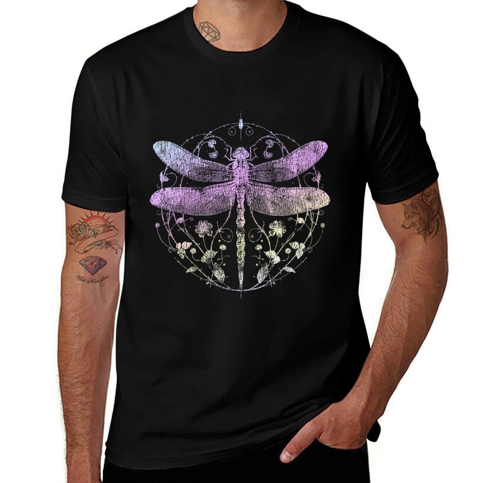 Womens Cute Casual Look Summer Vintage Dragonfly Print Top  Fade-proof Color T-Shirt